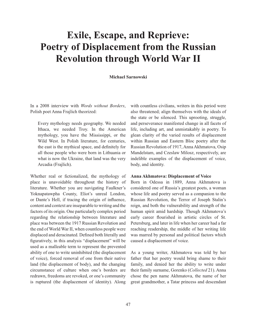 Exile, Escape, and Reprieve: Poetry of Displacement from the Russian Revolution Through World War II