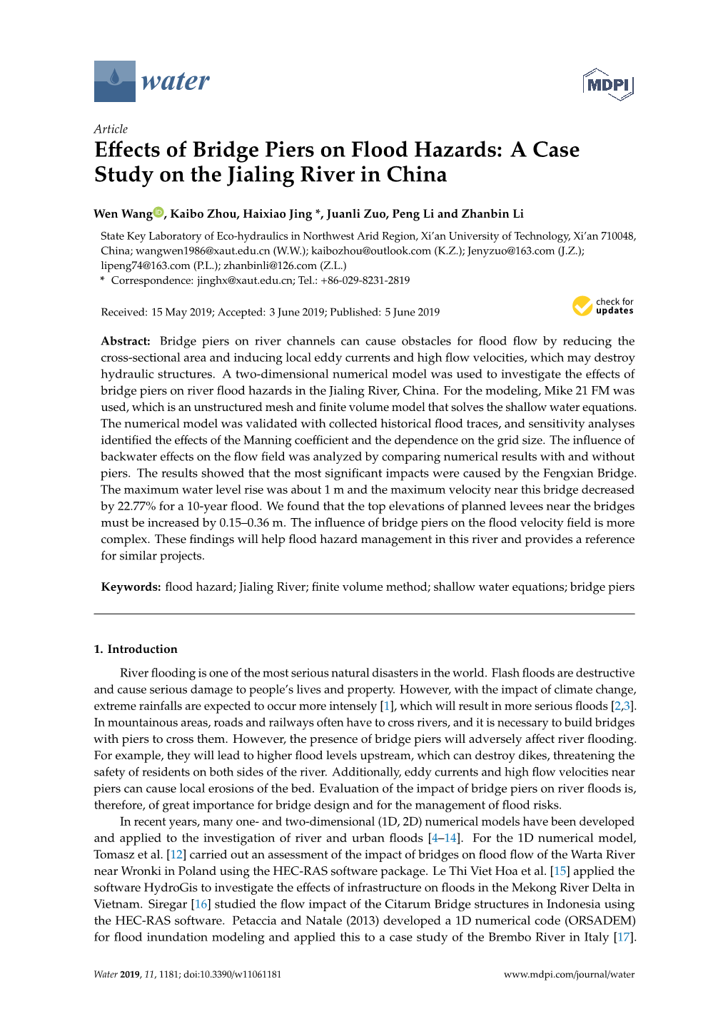 Effects of Bridge Piers on Flood Hazards: a Case Study on the Jialing River in China