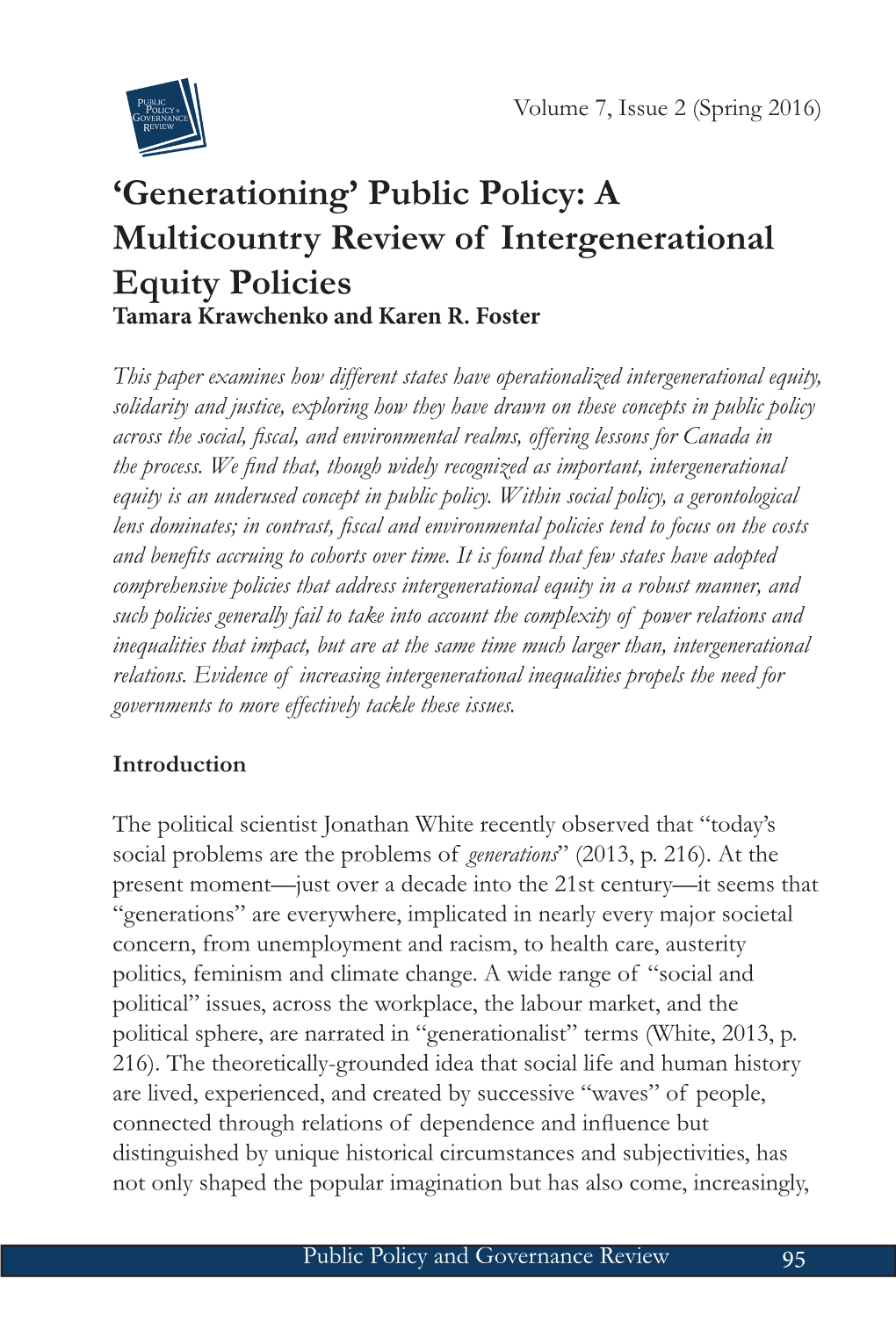 A Multicountry Review of Intergenerational Equity Policies Tamara Krawchenko and Karen R