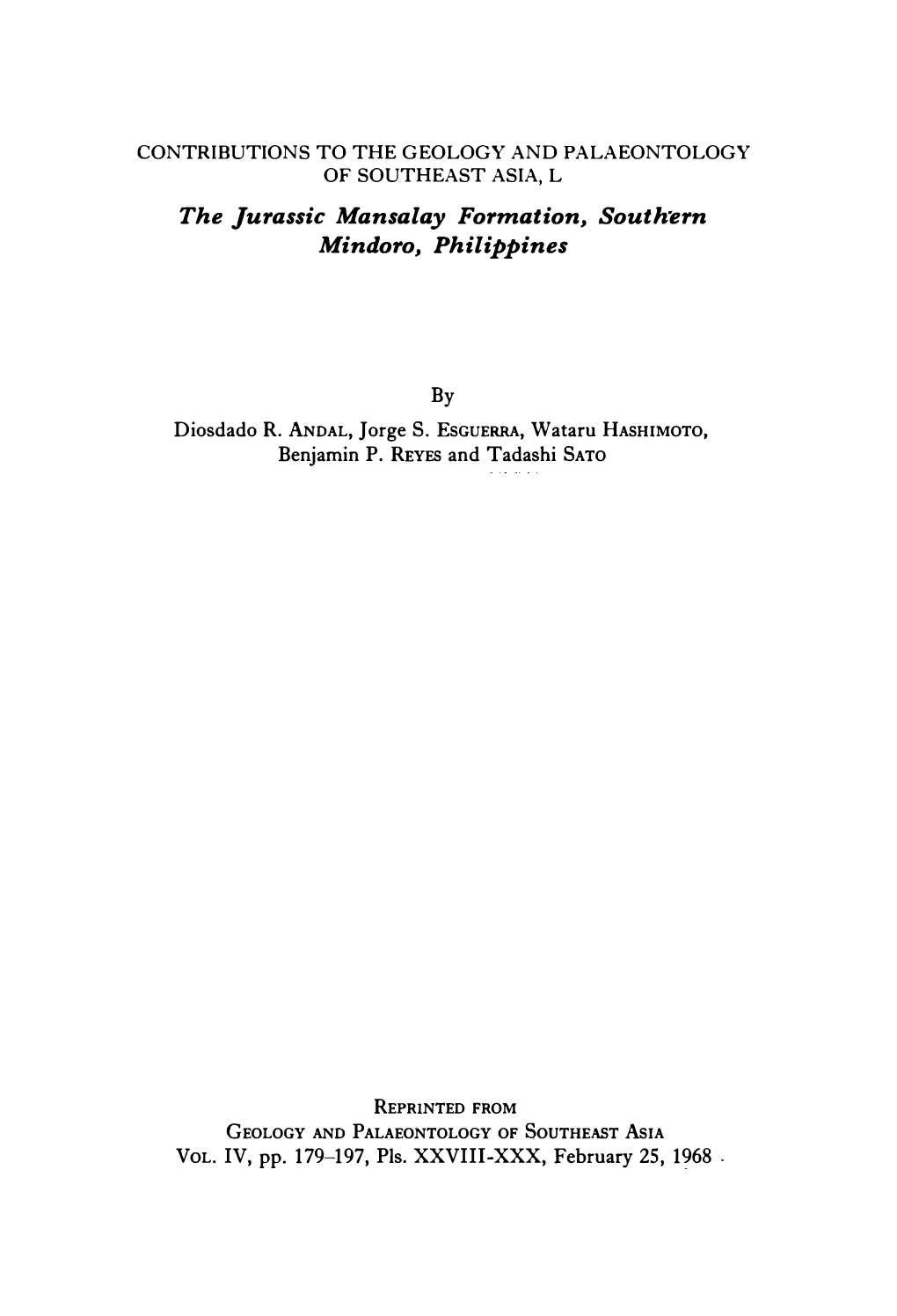 The Jurassic Mansalay Formation, South'ern Mindoro, Philippines