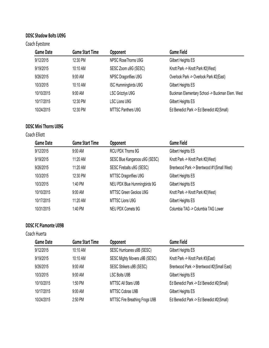 DDSC Shadow Bolts U09G Coach Eyestone Game Date Game Start