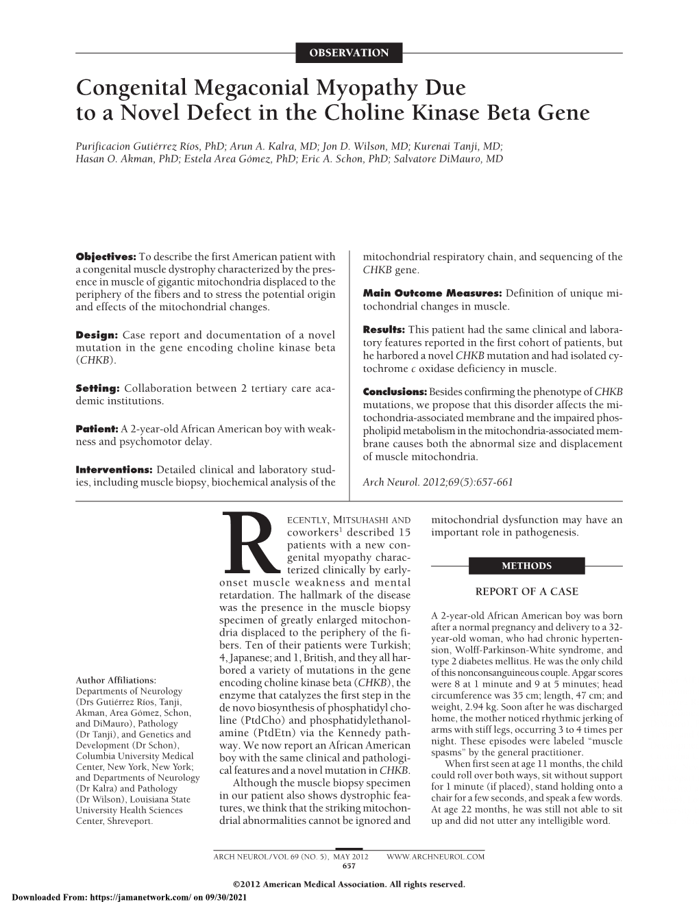 Congenital Megaconial Myopathy Due to a Novel Defect in the Choline Kinase Beta Gene