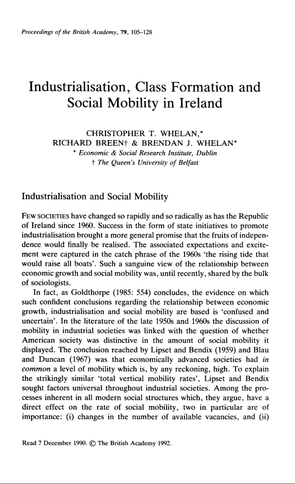 Industrialisation, Class Formation and Social Mobility in Ireland