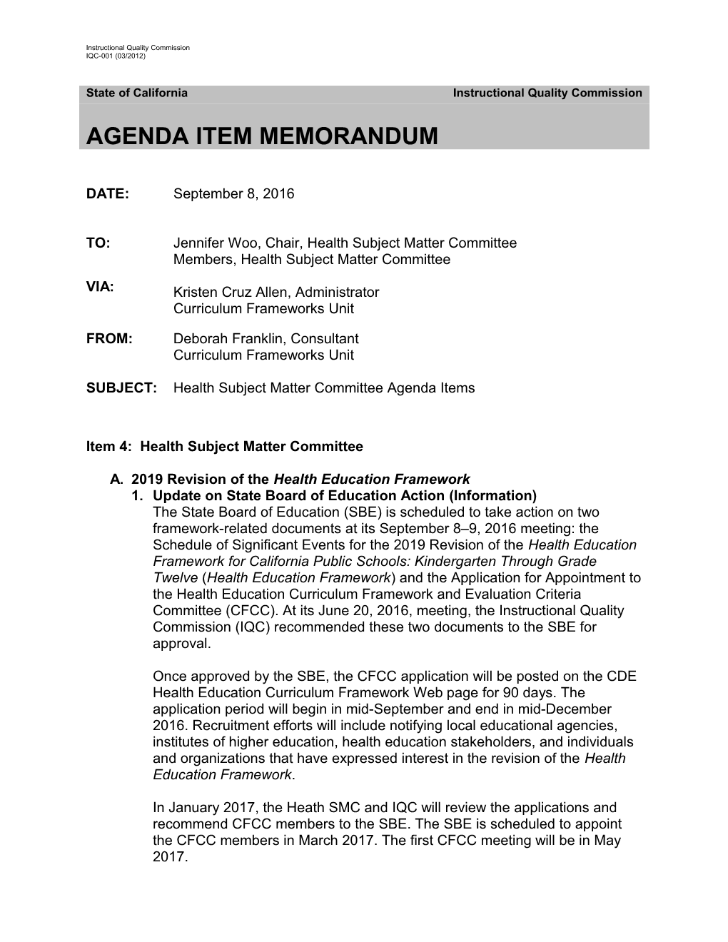 Health SMC Agenda Memo - Instructional Quality Commission (CA Dept of Education)