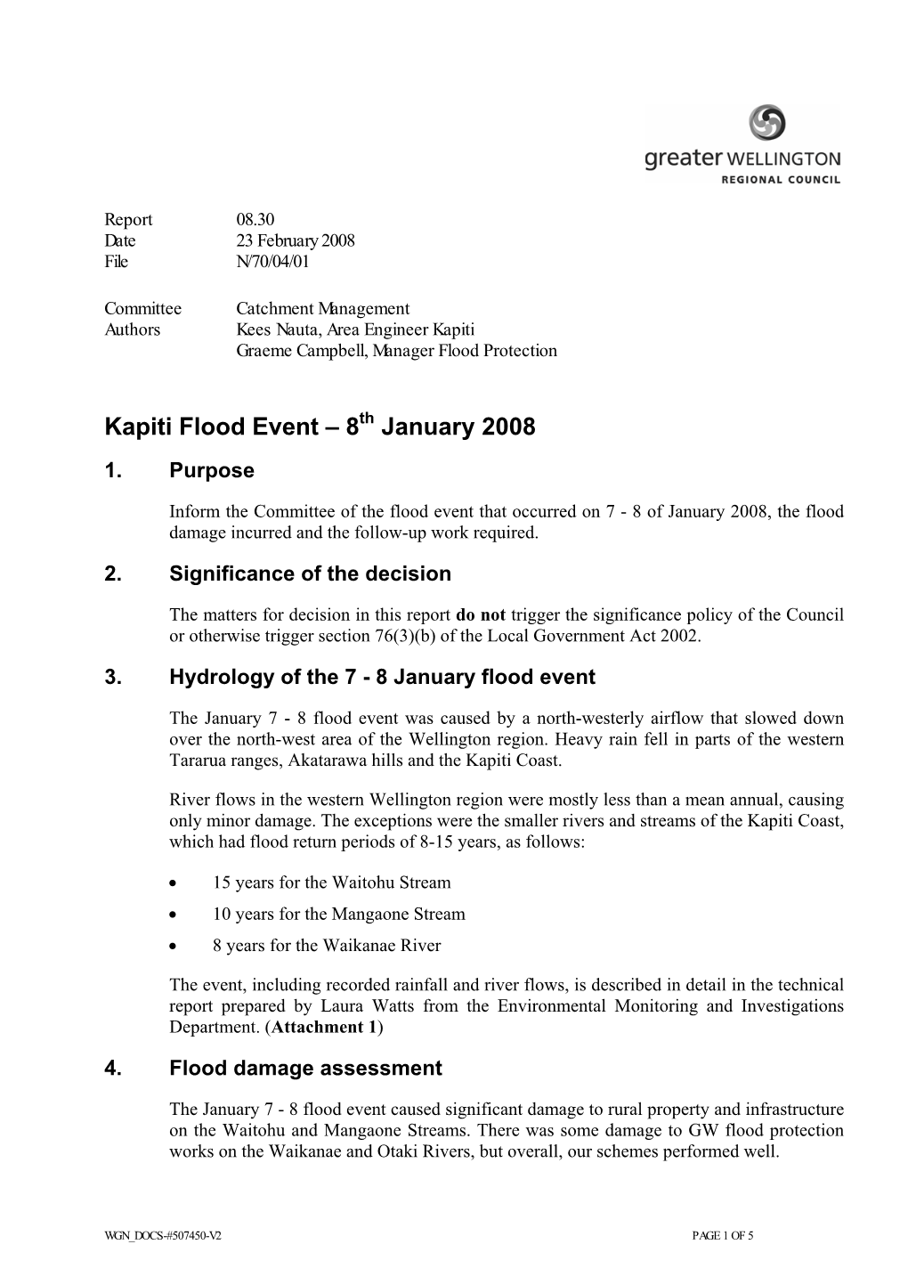 Kapiti Flood Event – 8 January 2008