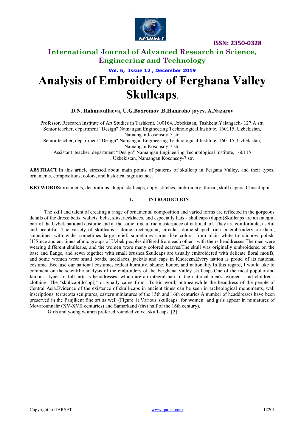 Analysis of Embroidery of Ferghana Valley Skullcaps