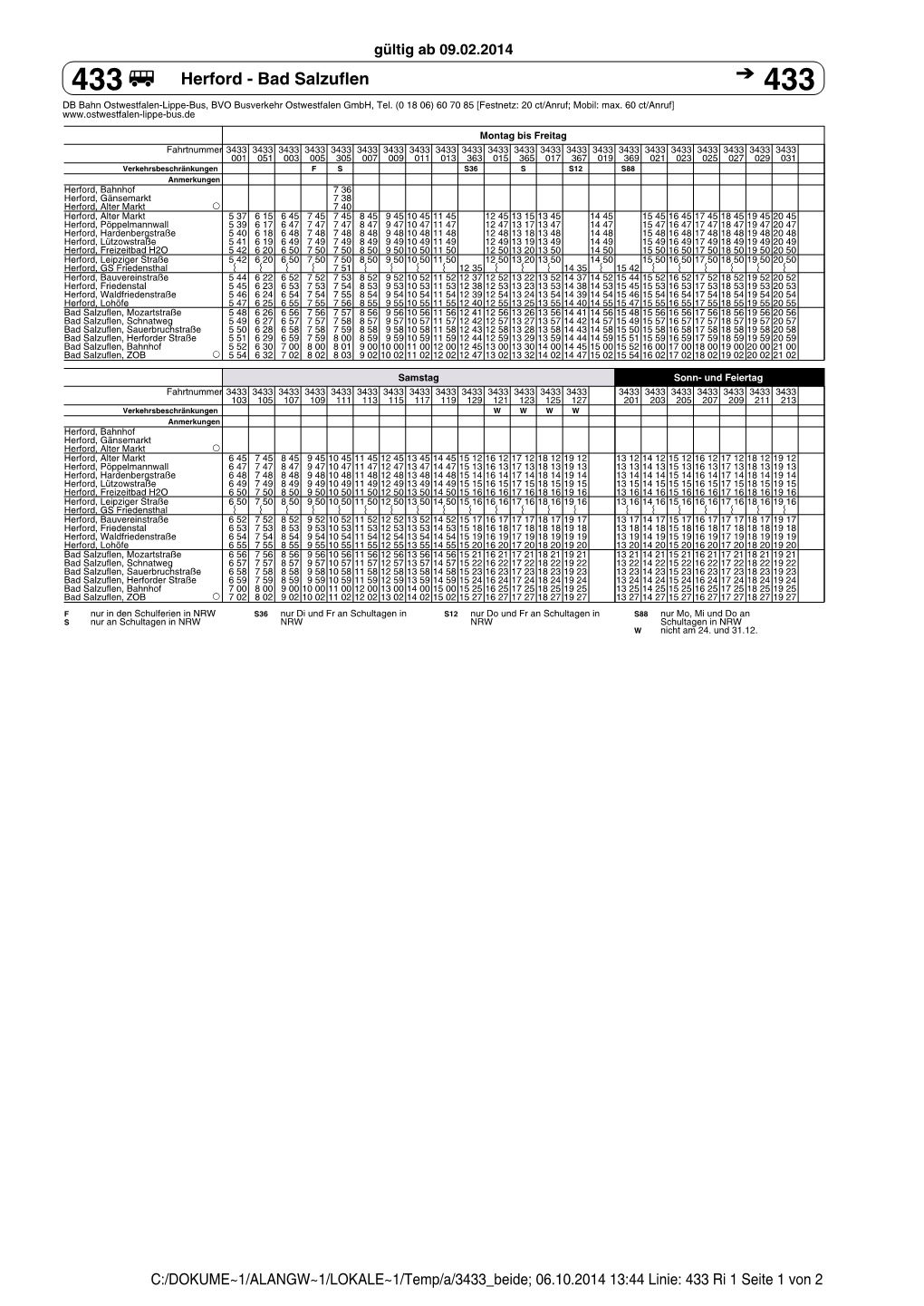 433Q Herford - Bad Salzuflen Ã 433 DB Bahn Ostwestfalen-Lippe-Bus, BVO Busverkehr Ostwestfalen Gmbh, Tel