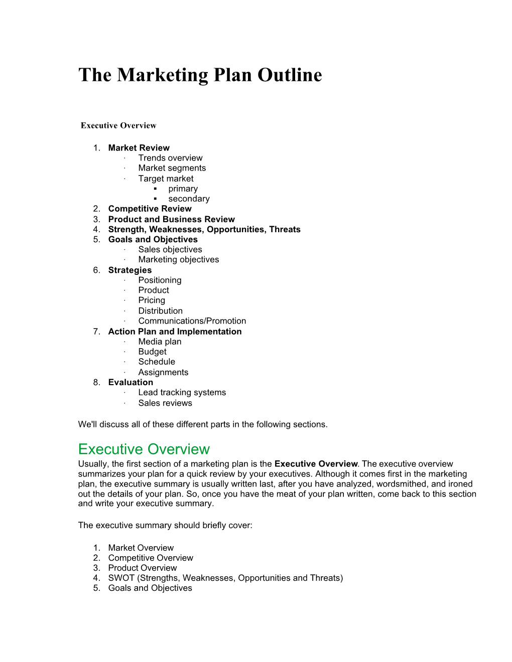 The Marketing Plan Outline