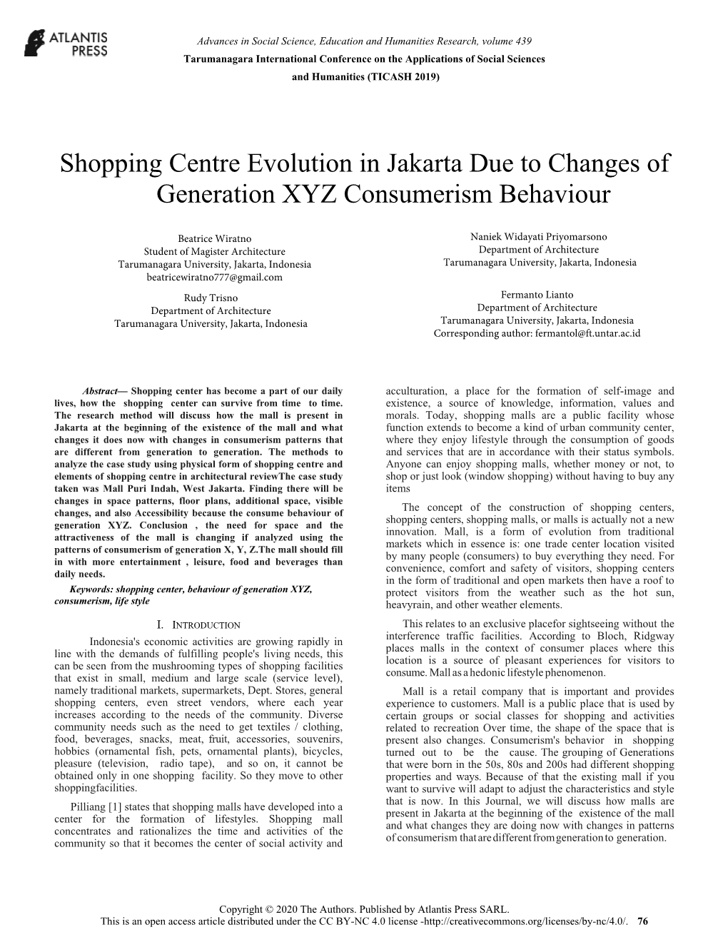 Shopping Centre Evolution in Jakarta Due to Changes of Generation XYZ Consumerism Behaviour