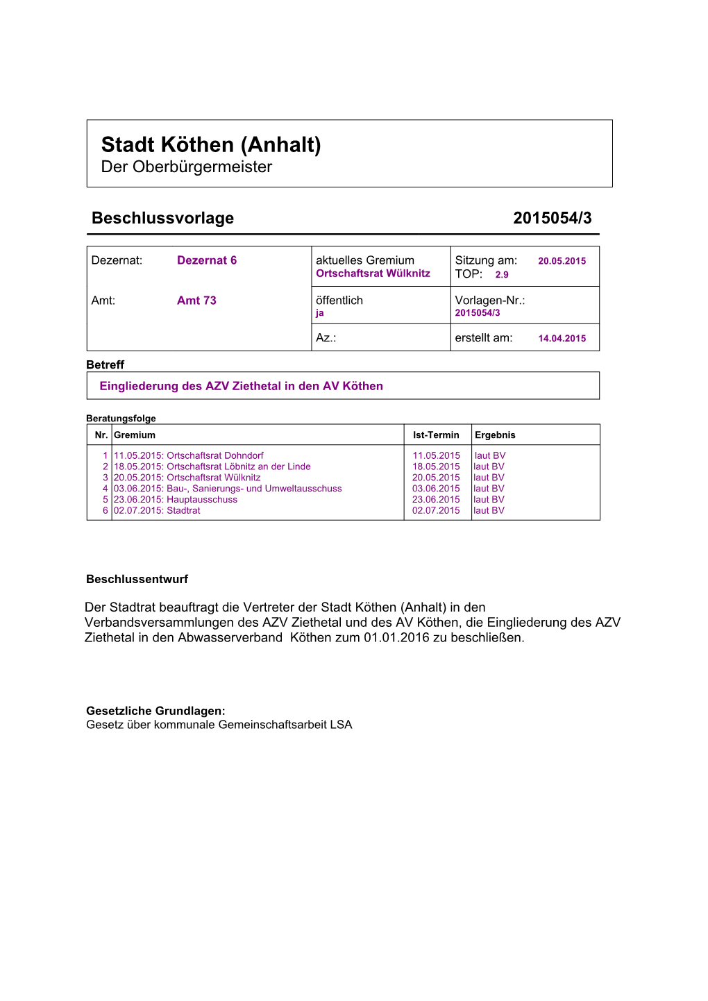 Stadt Köthen (Anhalt) Der Oberbürgermeister