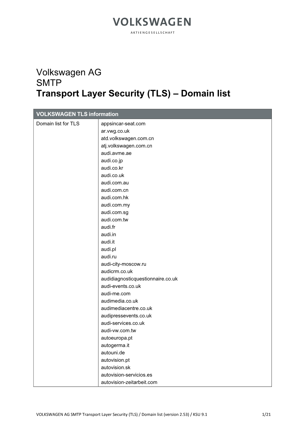 Volkswagen AG SMTP Transport Layer Security (TLS) – Domain List