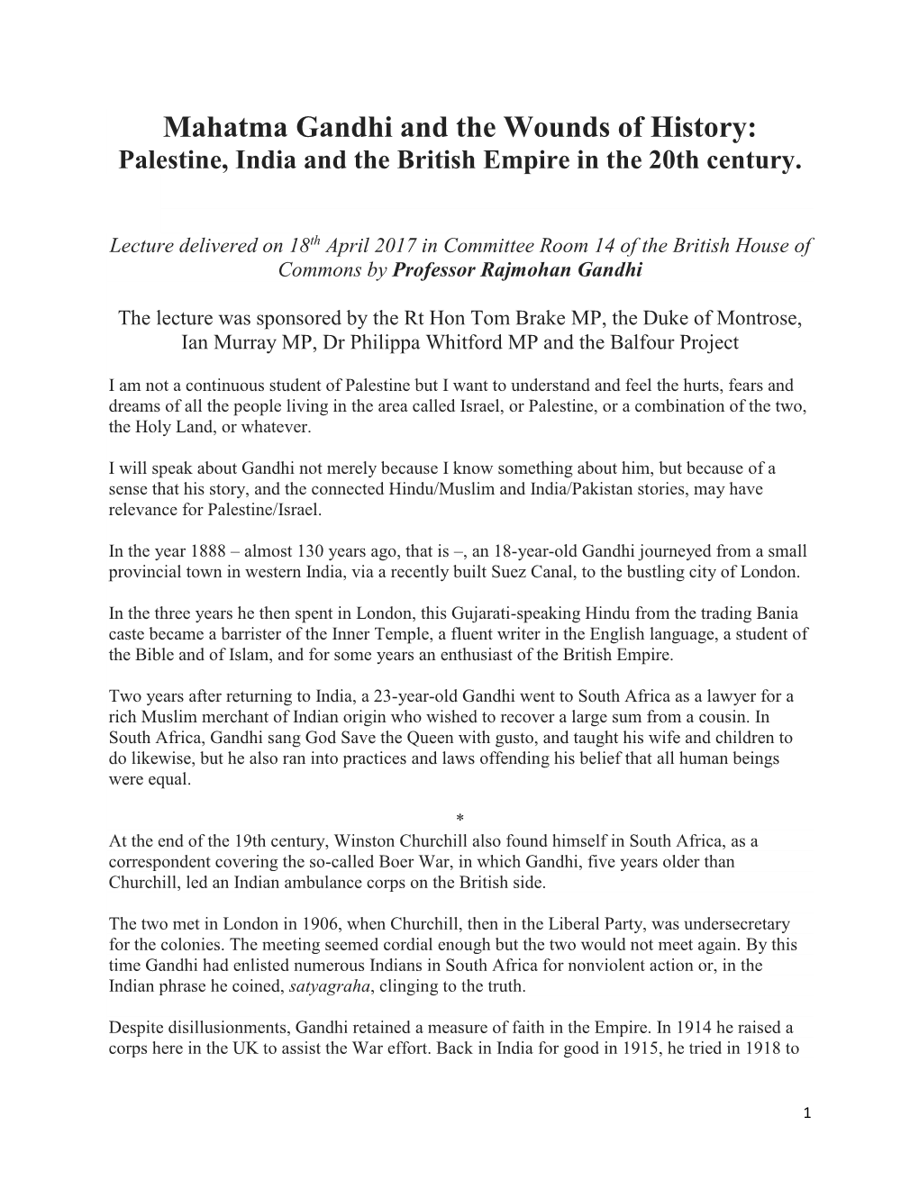 Mahatma Gandhi and the Wounds of History: Palestine, India and the British Empire in the 20Th Century