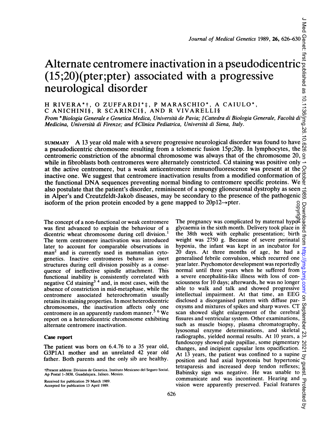 Alternate Centromere Inactivation Ina Pseudodicentric (15;20)(Pter;Pter