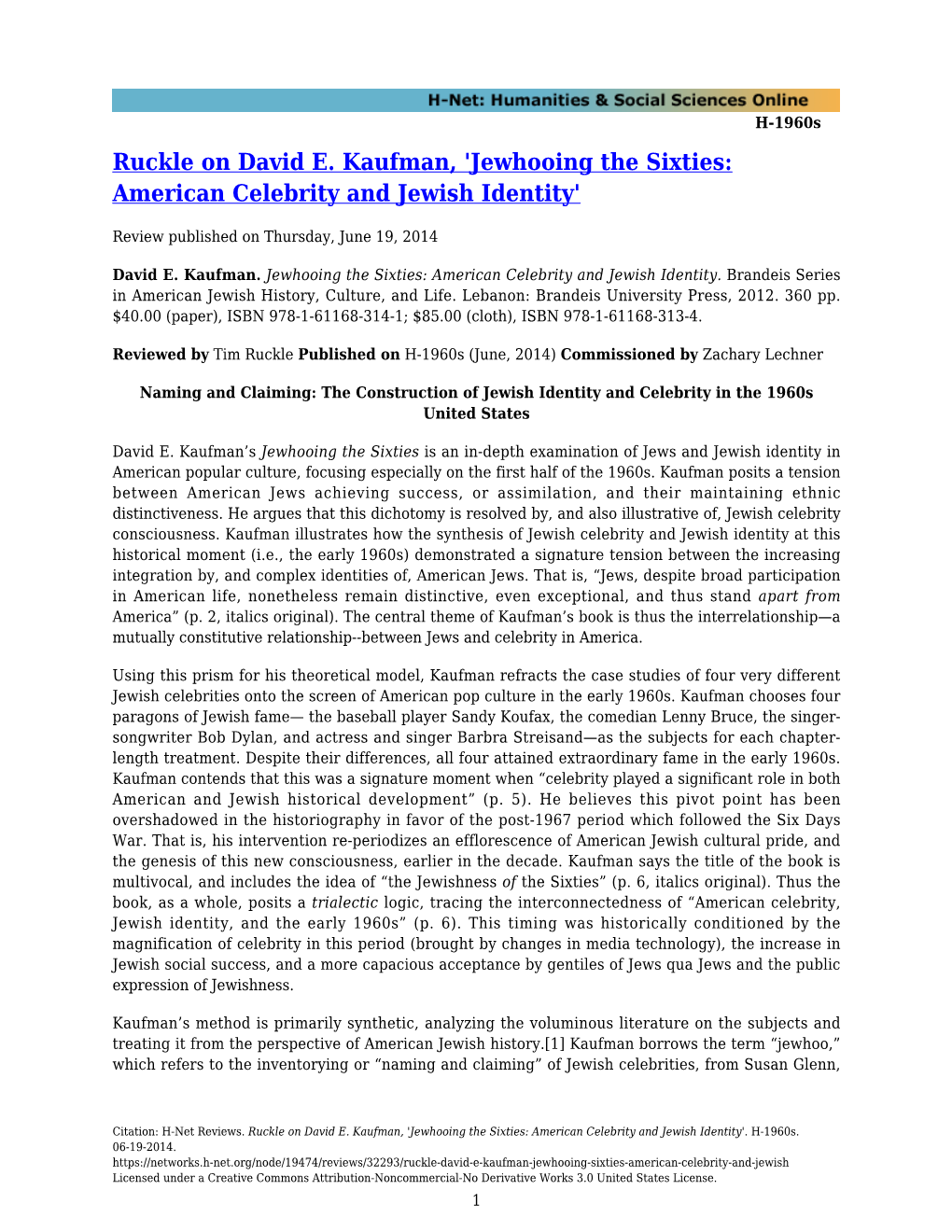 Ruckle on David E. Kaufman, 'Jewhooing the Sixties: American Celebrity and Jewish Identity'