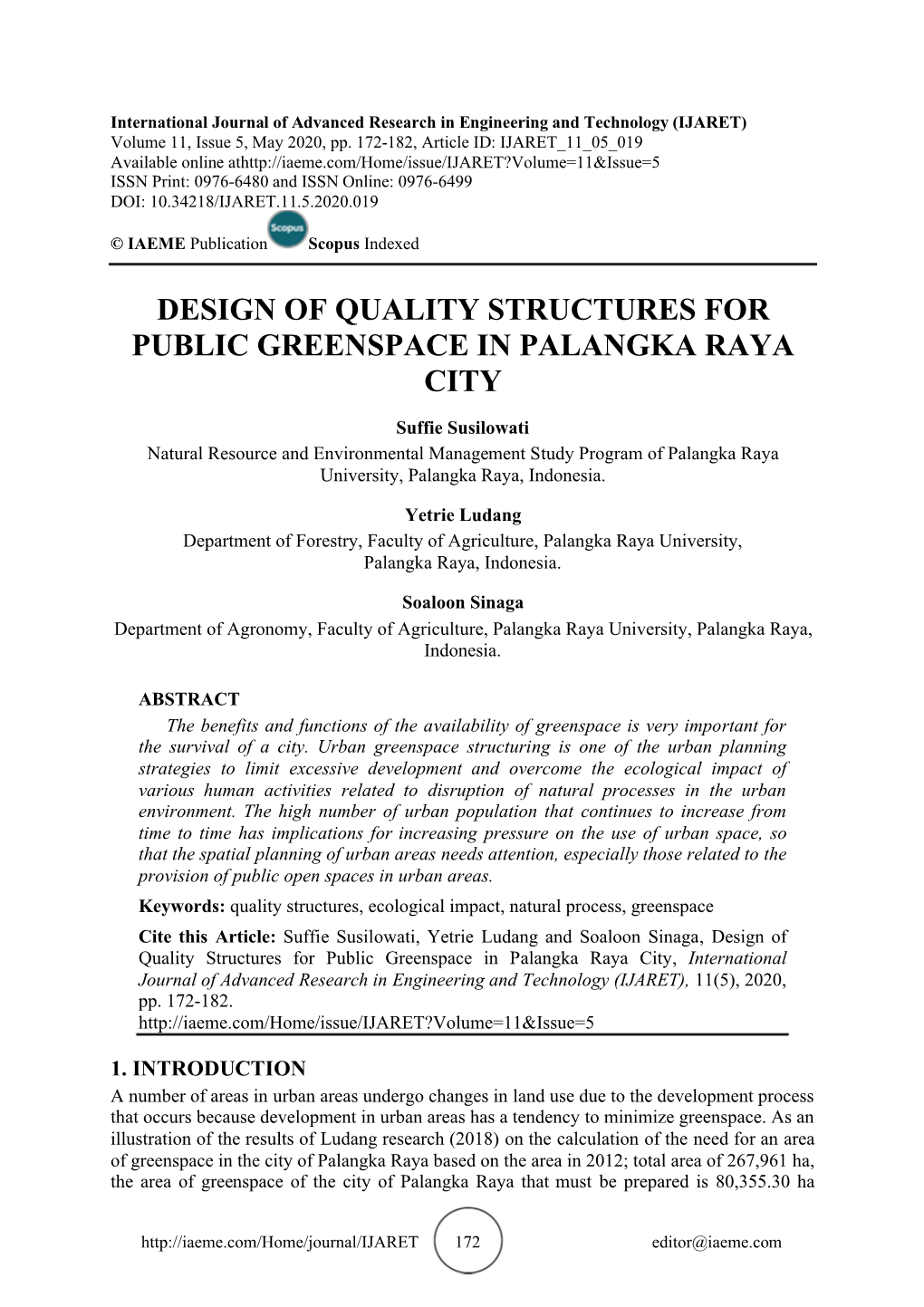 Design of Quality Structures for Public Greenspace in Palangka Raya City