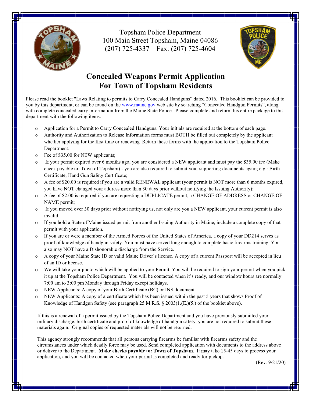 Concealed Weapons Permit Application for Town of Topsham Residents