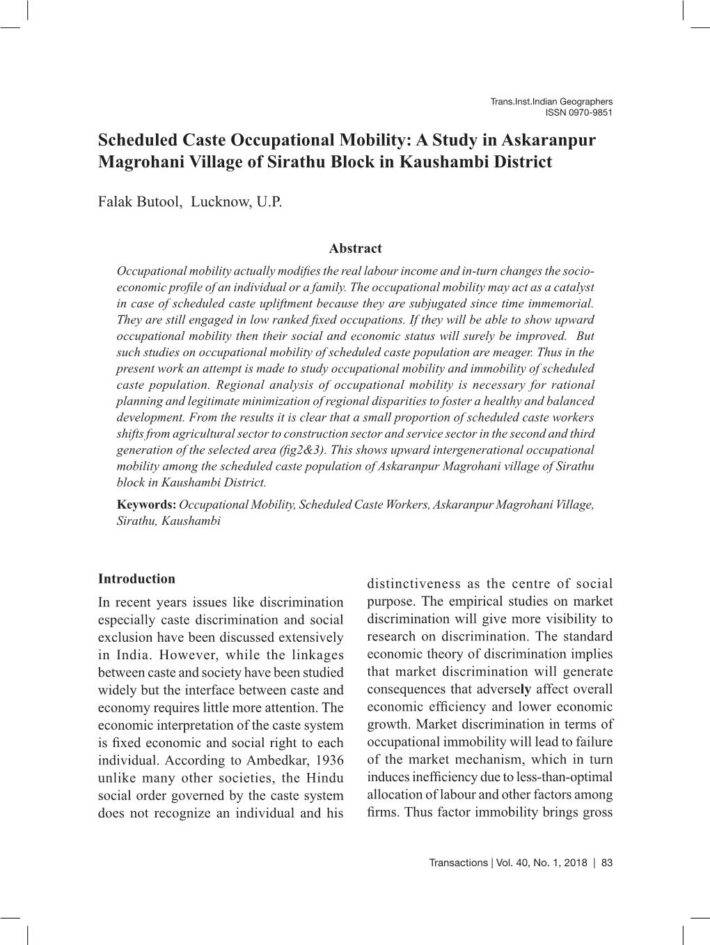 Scheduled Caste Occupational Mobility: a Study in Askaranpur Magrohani Village of Sirathu Block in Kaushambi District