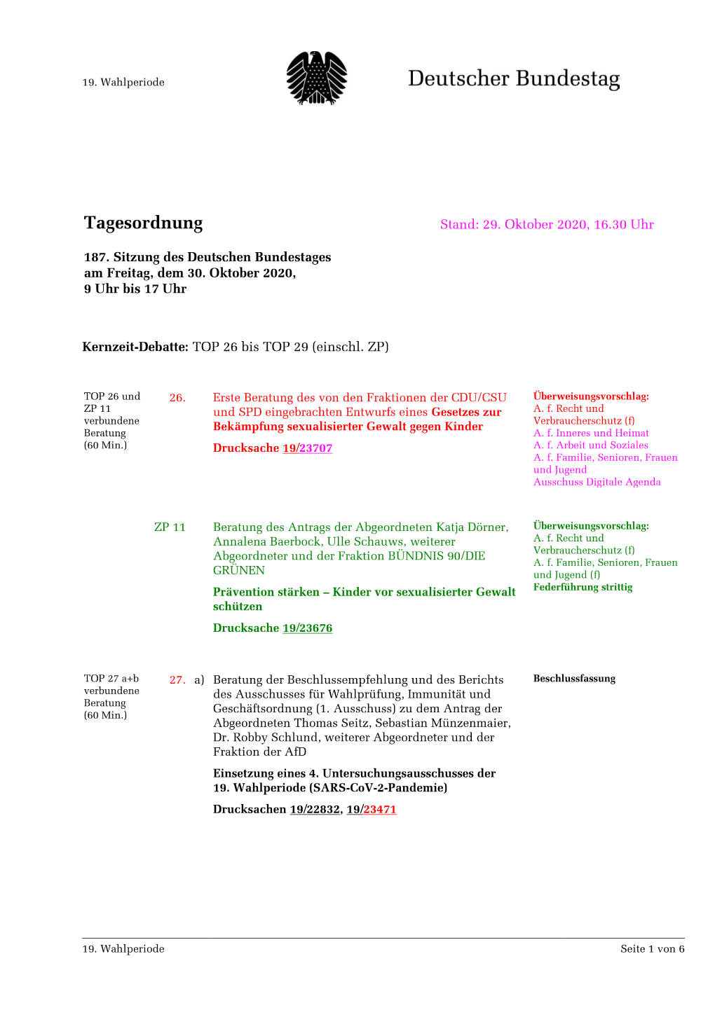 Amtliche Tagesordnung Der 187. Sitzung Des 19