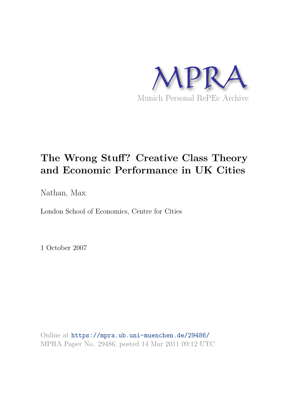 Creative Class Theory and Economic Performance in UK Cities
