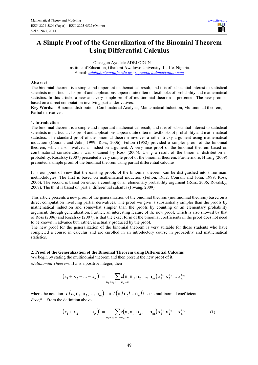 A Simple Proof of the Generalization of the Binomial Theorem Using Differential Calculus