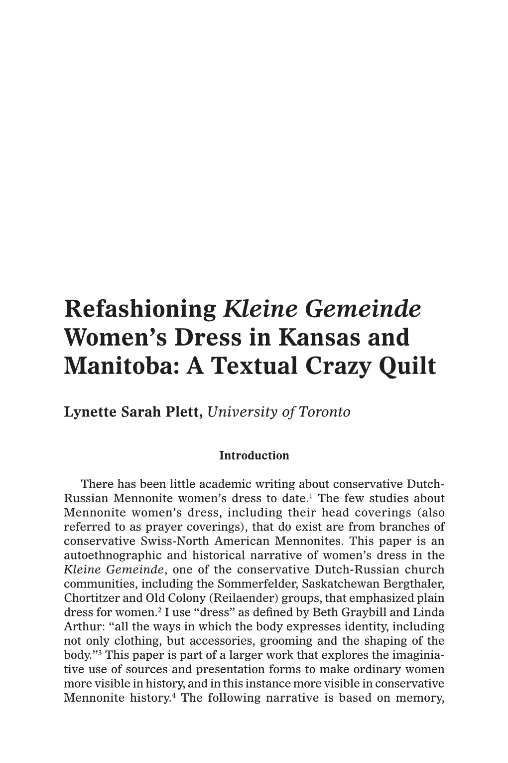 Refashioning Kleine Gemeinde Women's Dress in Kansas And