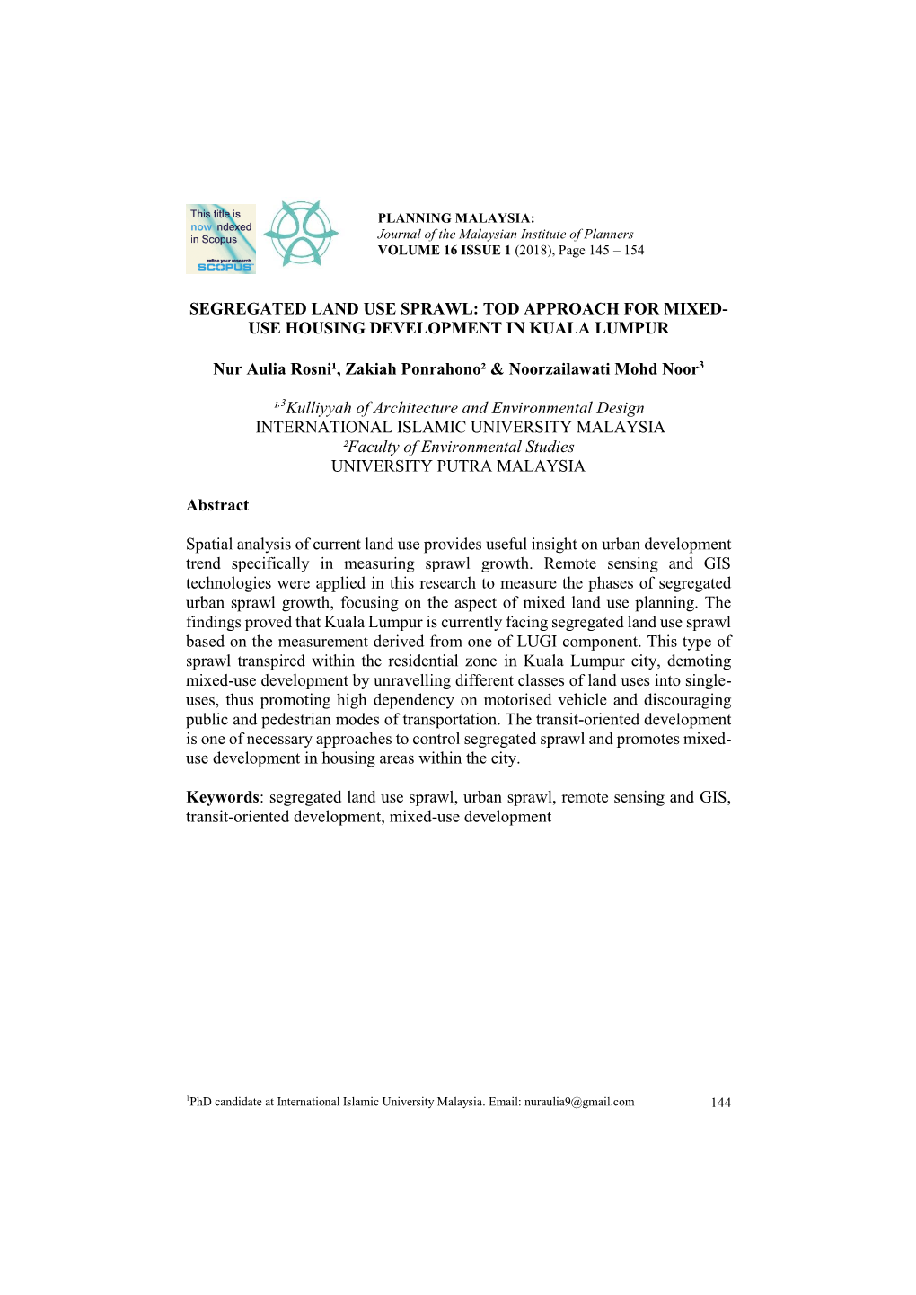 Segregated Land Use Sprawl: Tod Approach for Mixed- Use Housing Development in Kuala Lumpur