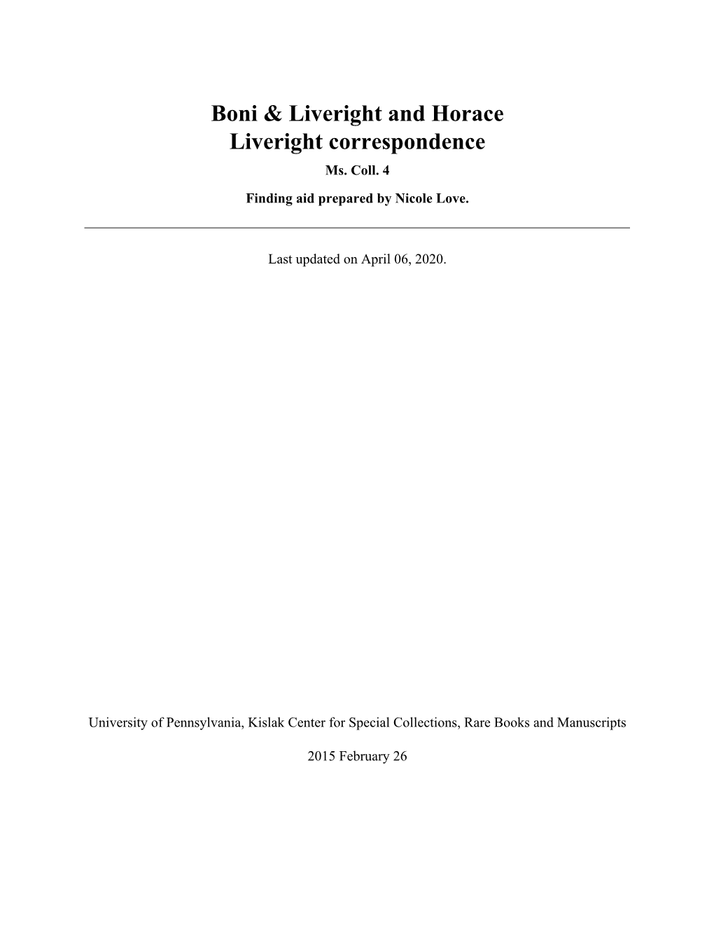 Boni & Liveright and Horace Liveright Correspondence