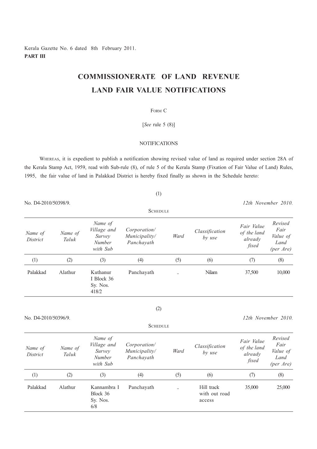 Commissionerate of Land Revenue Land Fair Value Notifications