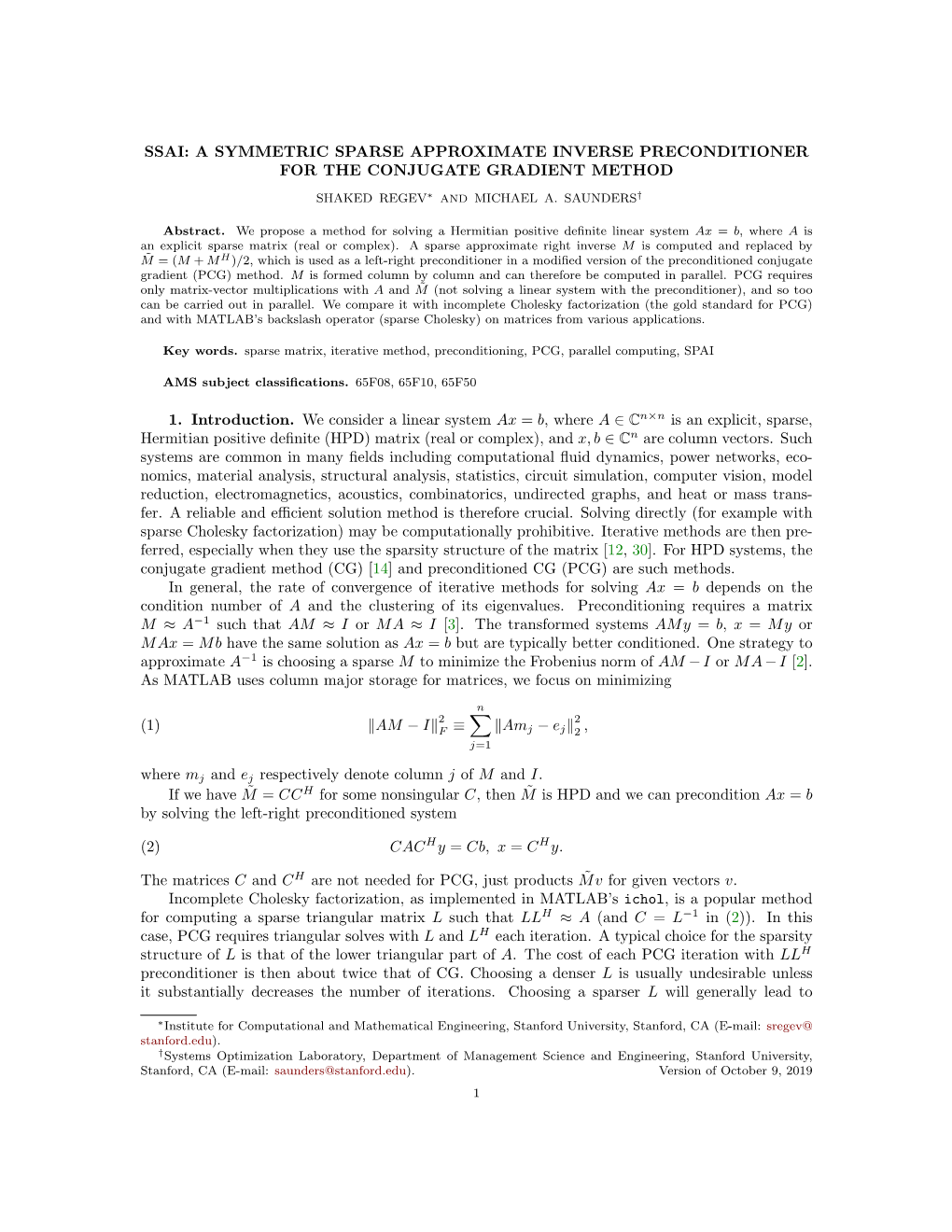 Ssai: a Symmetric Sparse Approximate Inverse Preconditioner for the Conjugate Gradient Method