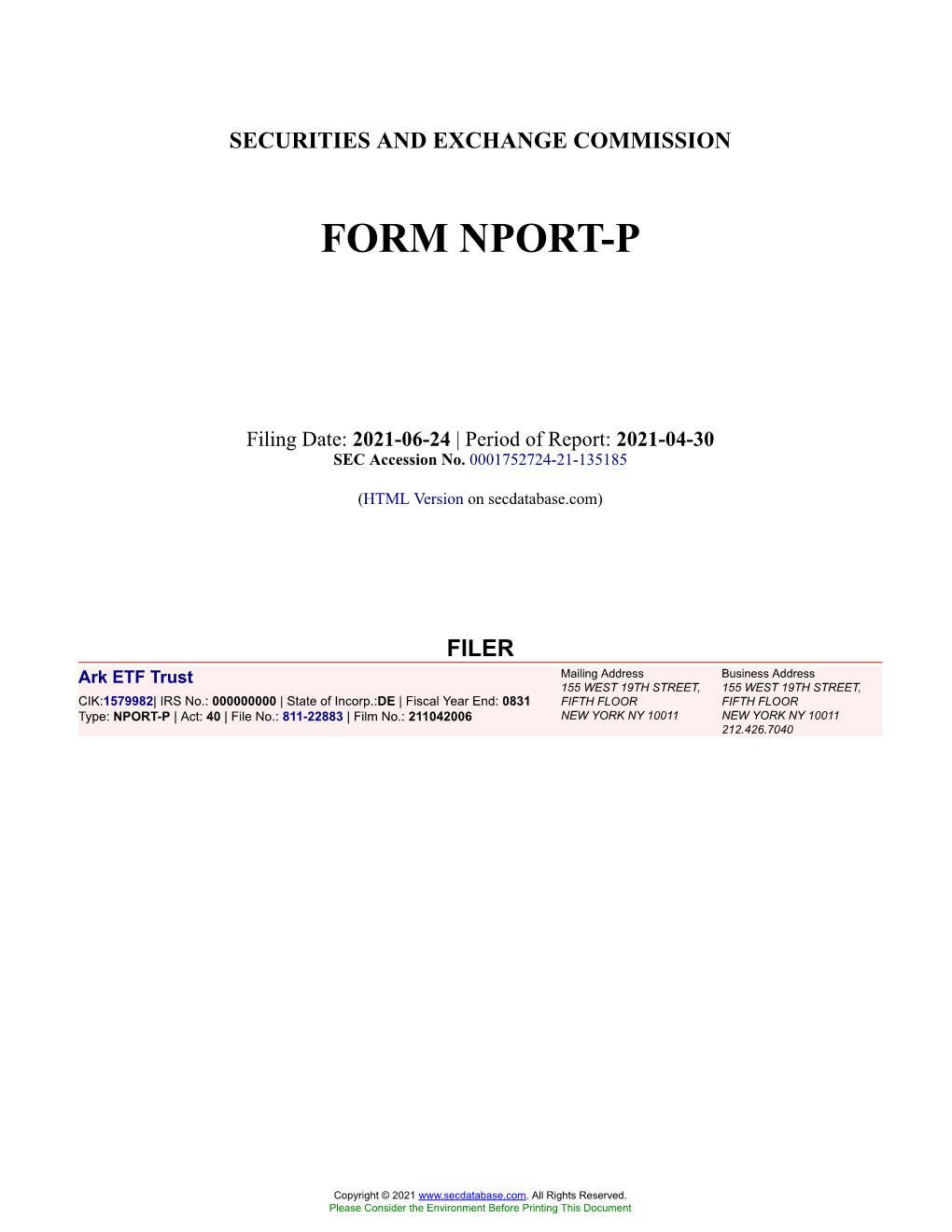 Ark ETF Trust Form NPORT-P Filed 2021-06-24