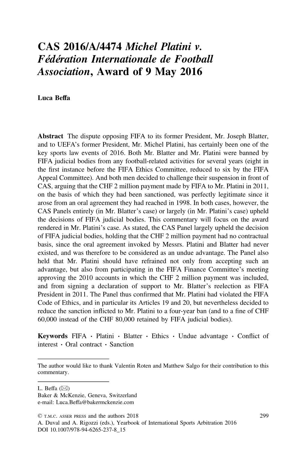 CAS 2016/A/4474 Michel Platini V. Fédération Internationale De Football Association, Award of 9 May 2016