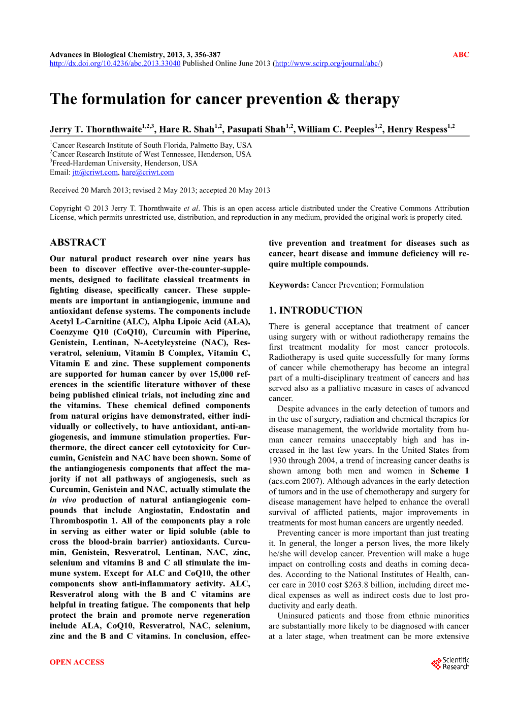The Formulation for Cancer Prevention & Therapy
