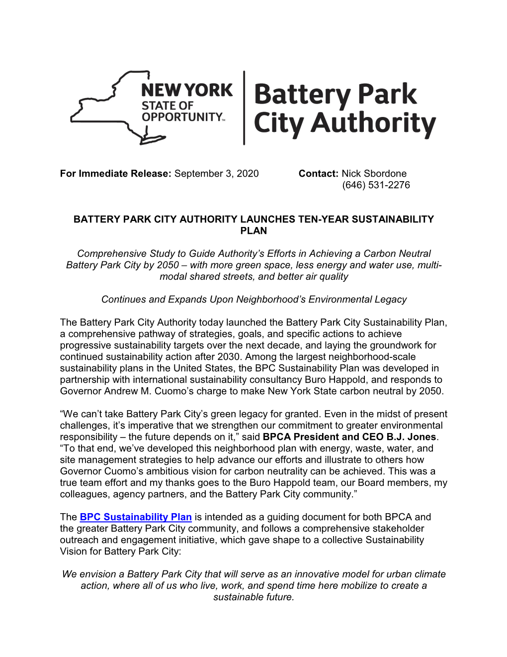 Battery Park City Authority Launches Ten-Year Sustainability Plan