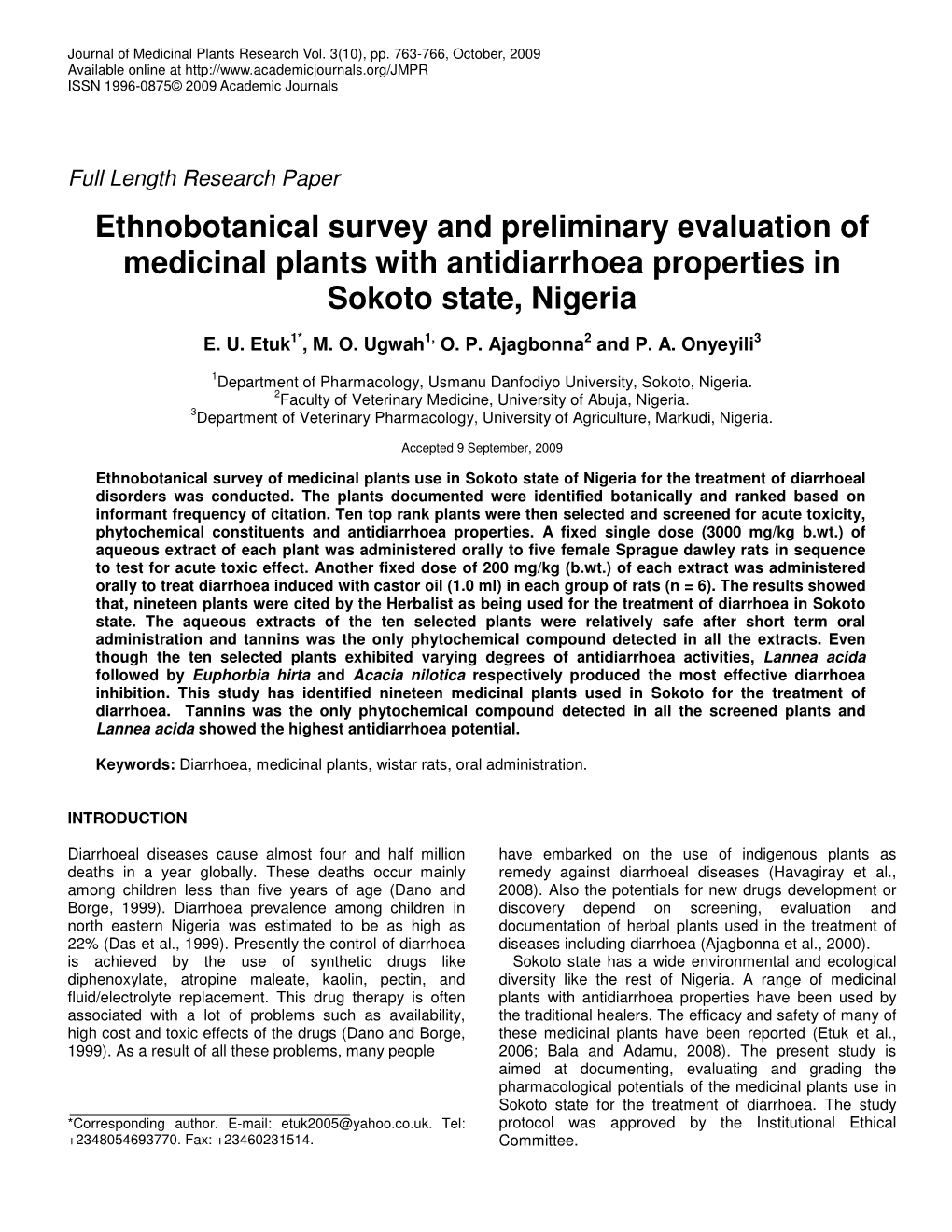 Ethnobotanical Survey and Preliminary Evaluation of Medicinal Plants with Antidiarrhoea Properties in Sokoto State, Nigeria