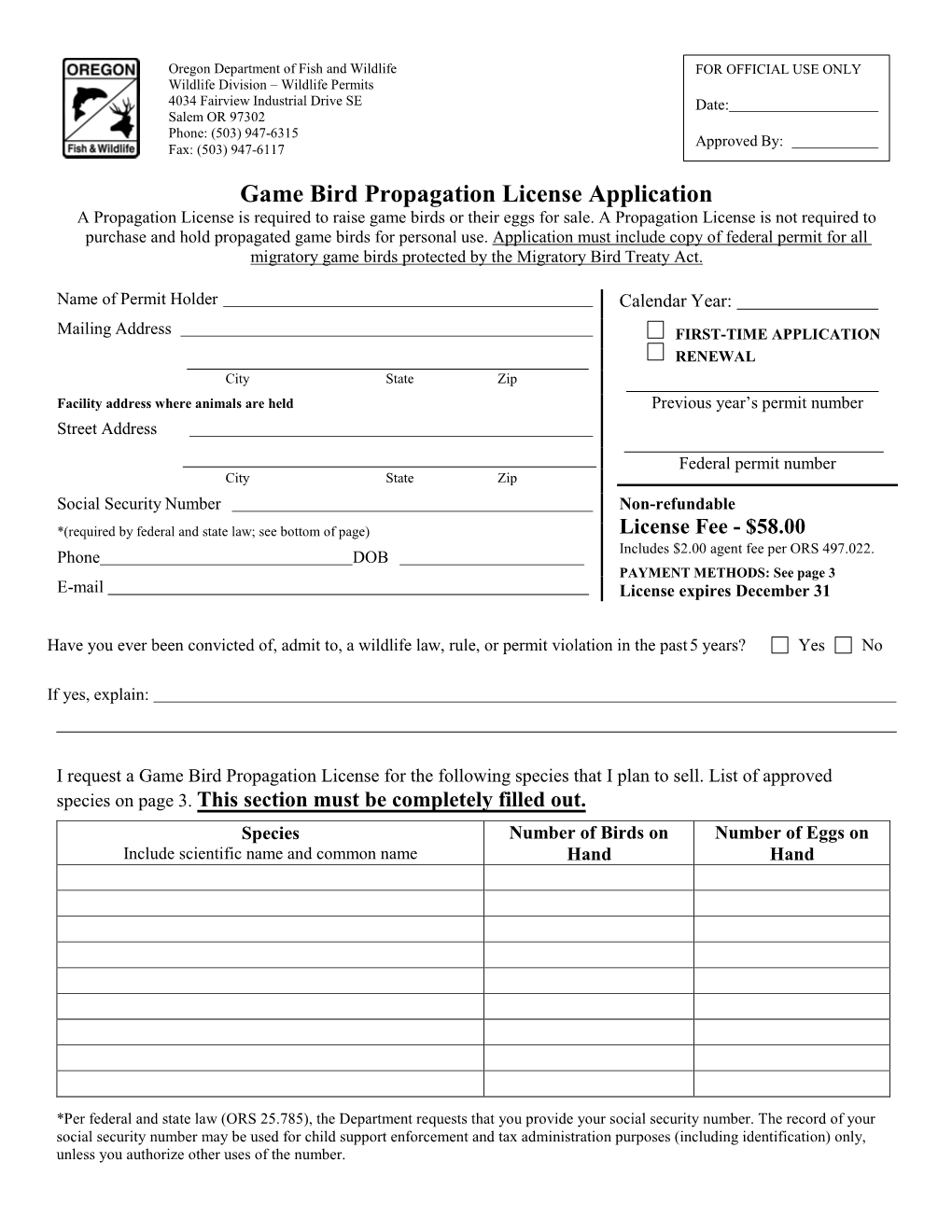 Game Bird Propagation License Application a Propagation License Is Required to Raise Game Birds Or Their Eggs for Sale