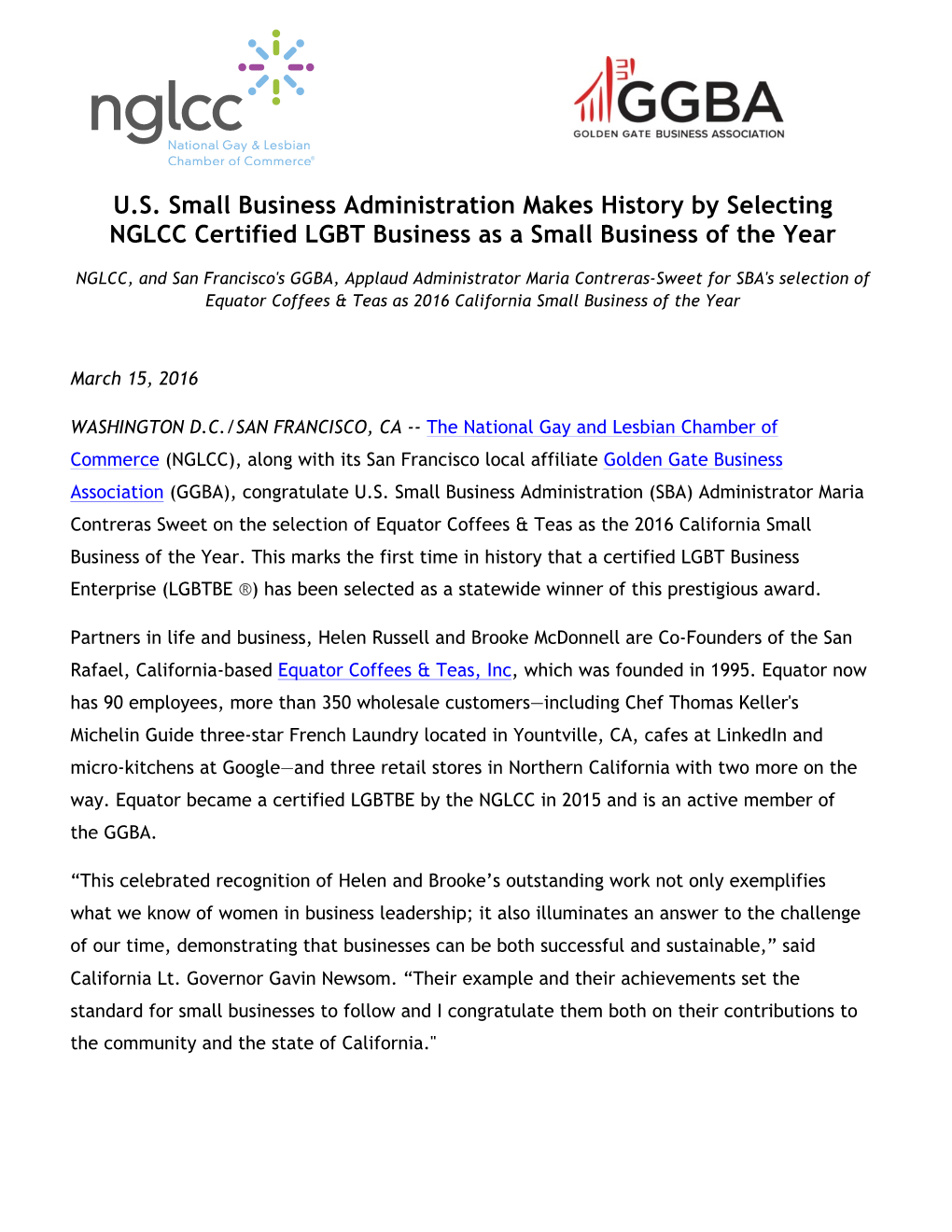 U.S. Small Business Administration Makes History by Selecting NGLCC Certified LGBT Business As a Small Business of the Year