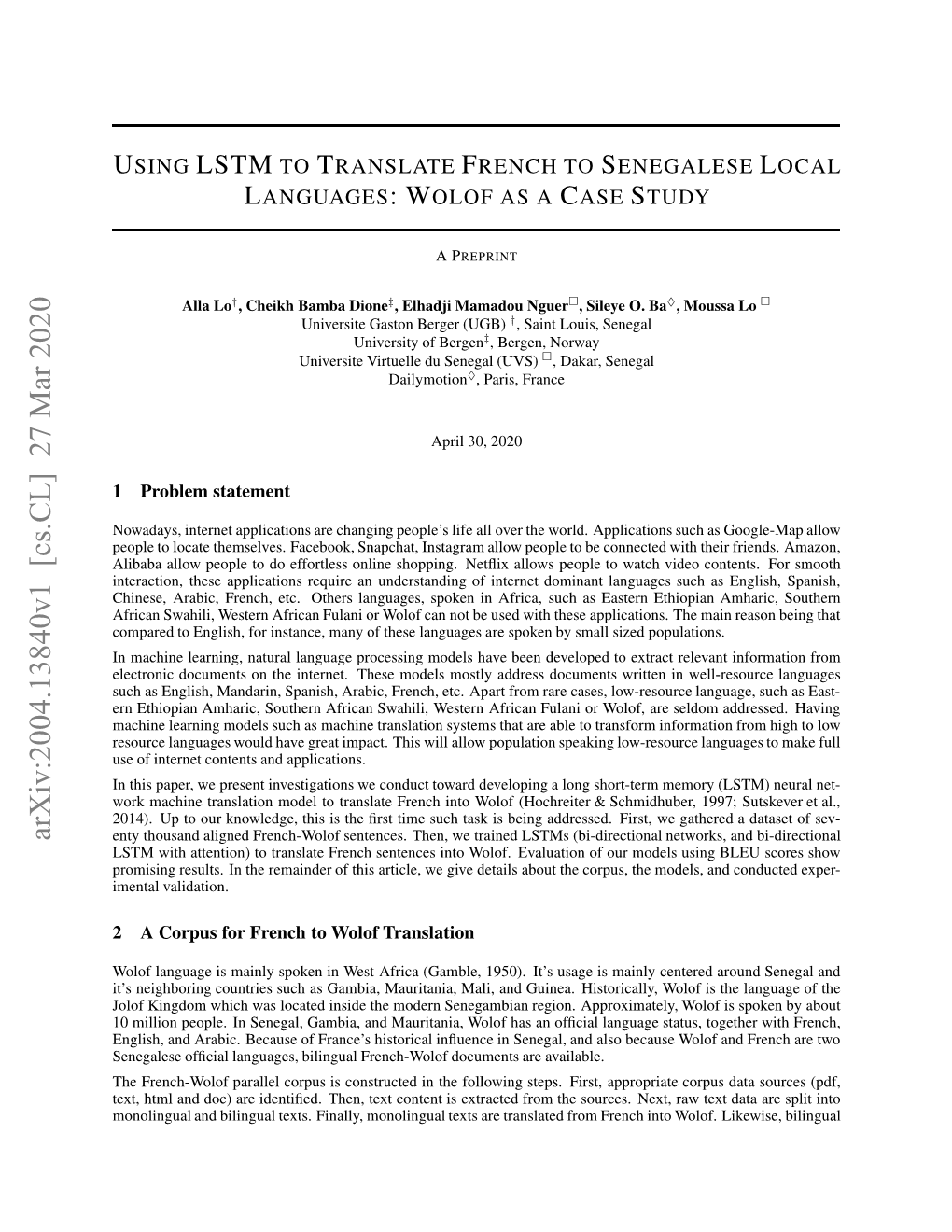 Using LSTM to Translate French to Senegalese Local Languages: Wolof As a Case Study APREPRINT