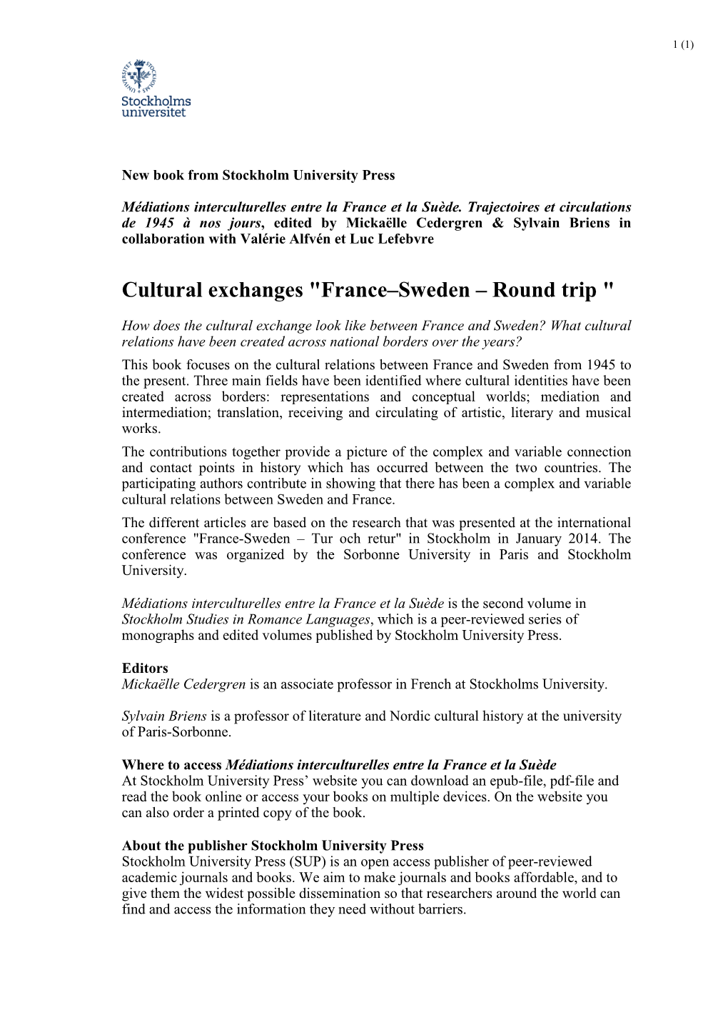 Cultural Exchanges "France–Sweden – Round Trip "