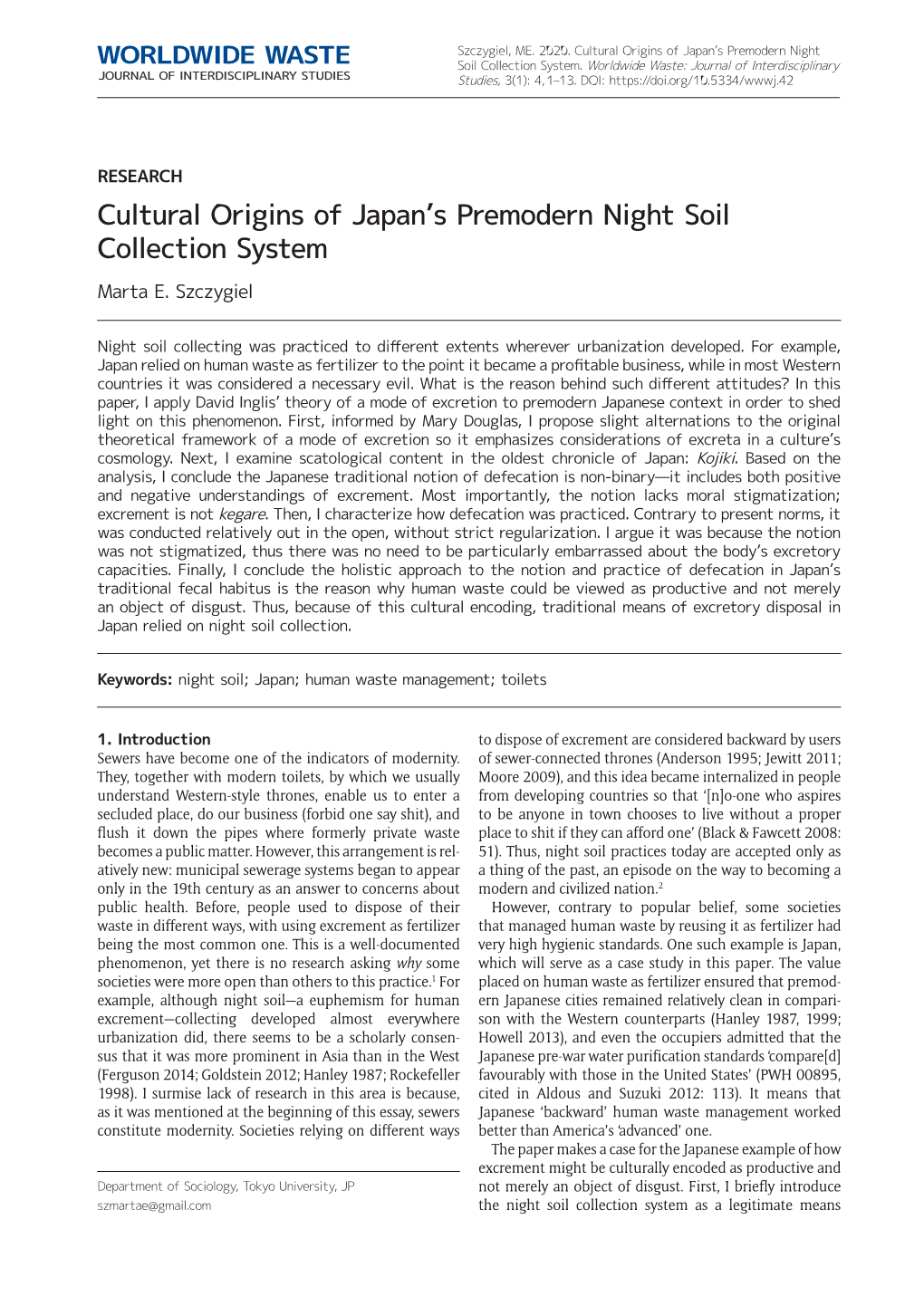 Cultural Origins of Japan's Premodern Night Soil Collection System