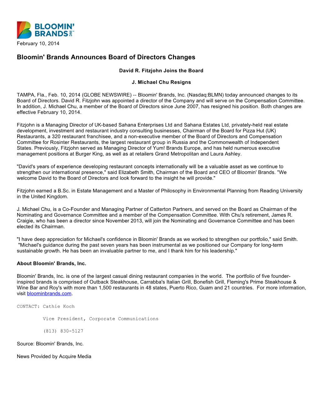 Bloomin' Brands Announces Board of Directors Changes