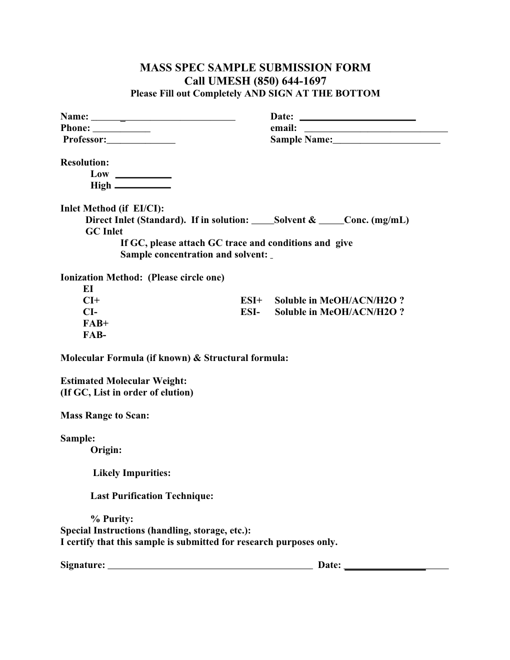 Mass Spec Sample Submission Form