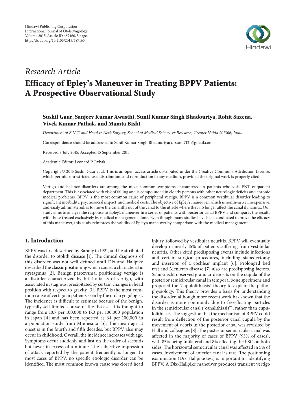 Research Article Efficacy of Epley's Maneuver in Treating BPPV Patients