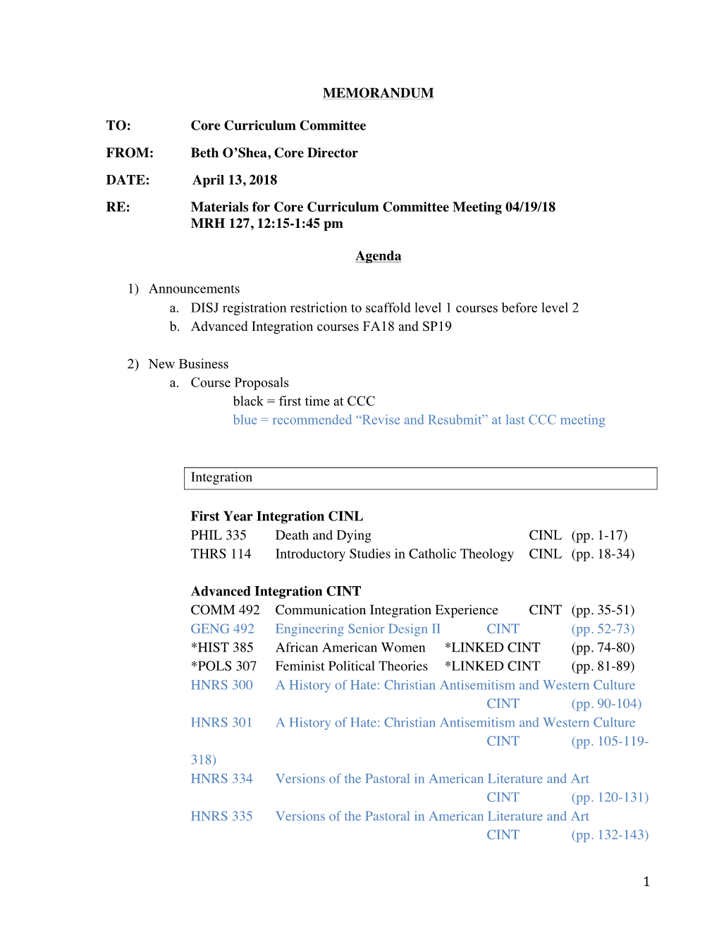 Materials for Core Curriculum Committee Meeting 04/19/18 MRH 127, 12:15-1:45 Pm