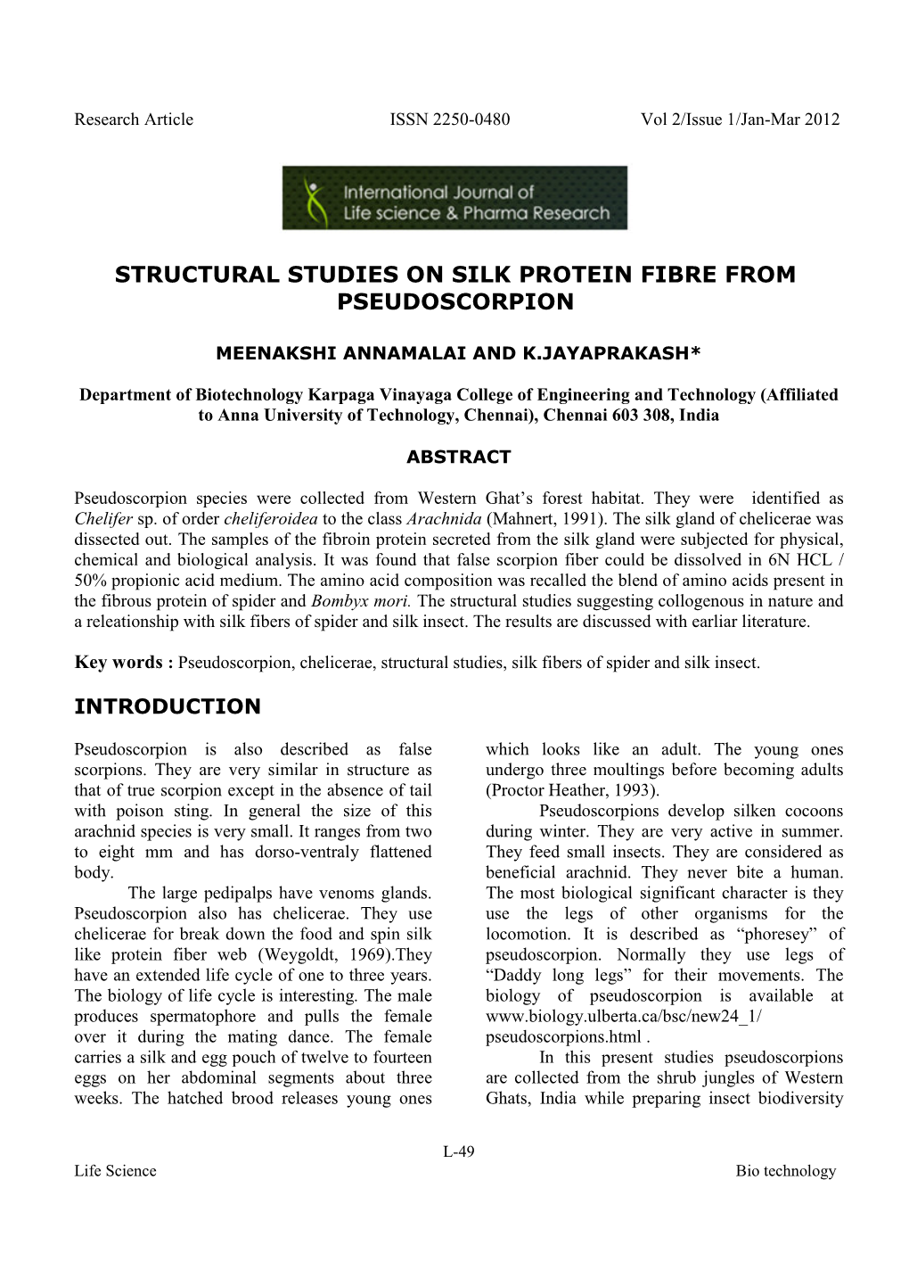 Structural Studies on Silk Protein Fibre from Pseudoscorpion