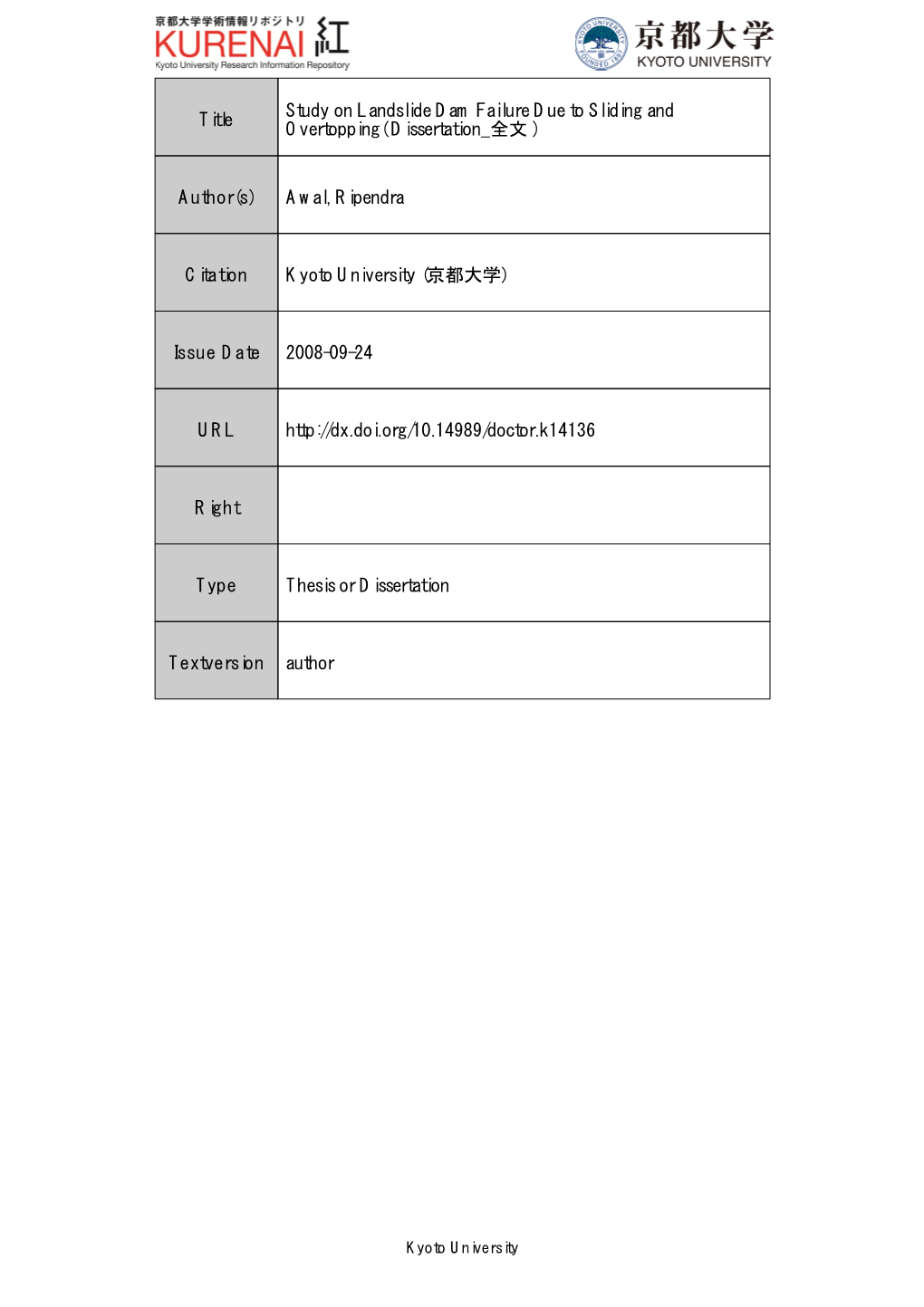 Title Study on Landslide Dam Failure Due to Sliding And