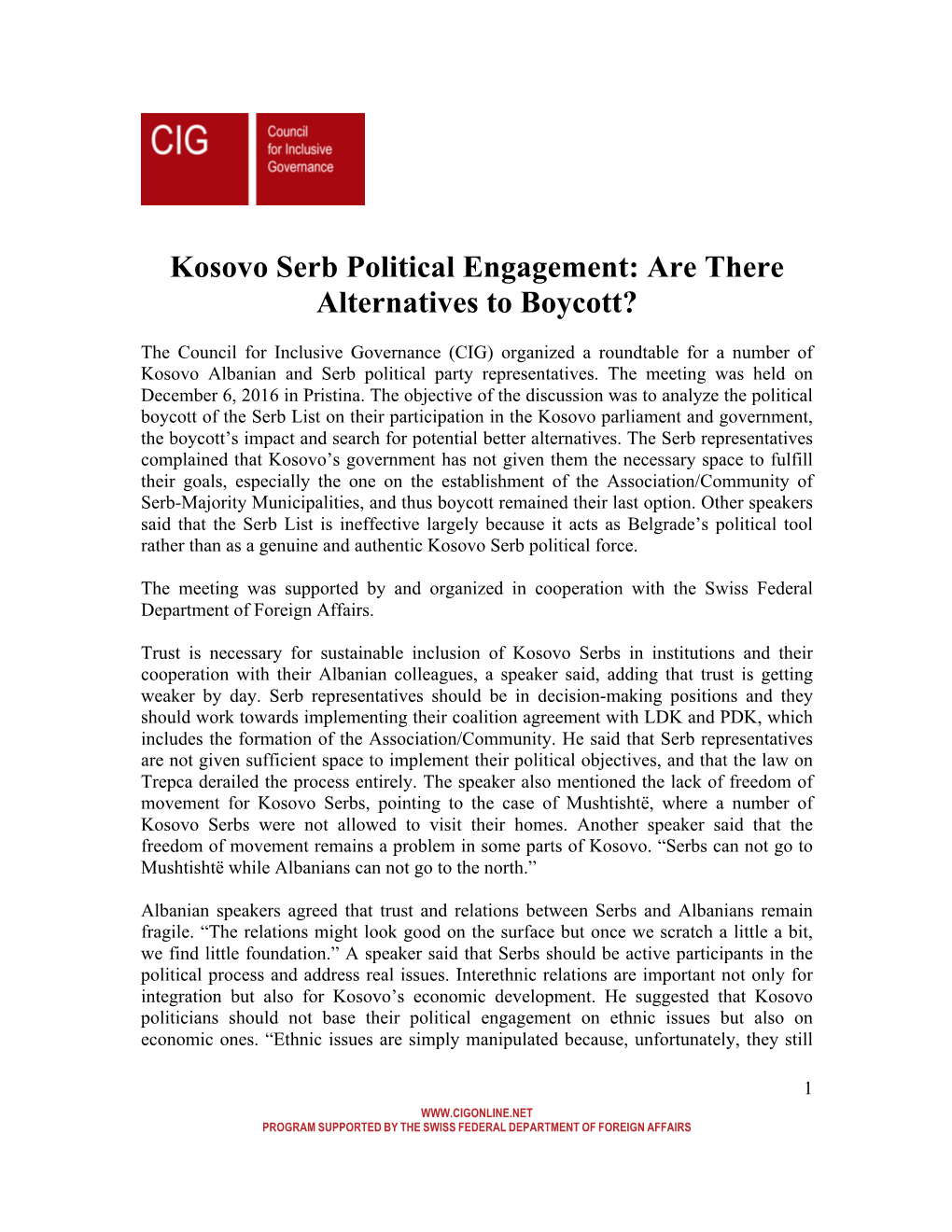 Kosovo Serb Political Engagement: Are There Alternatives to Boycott?
