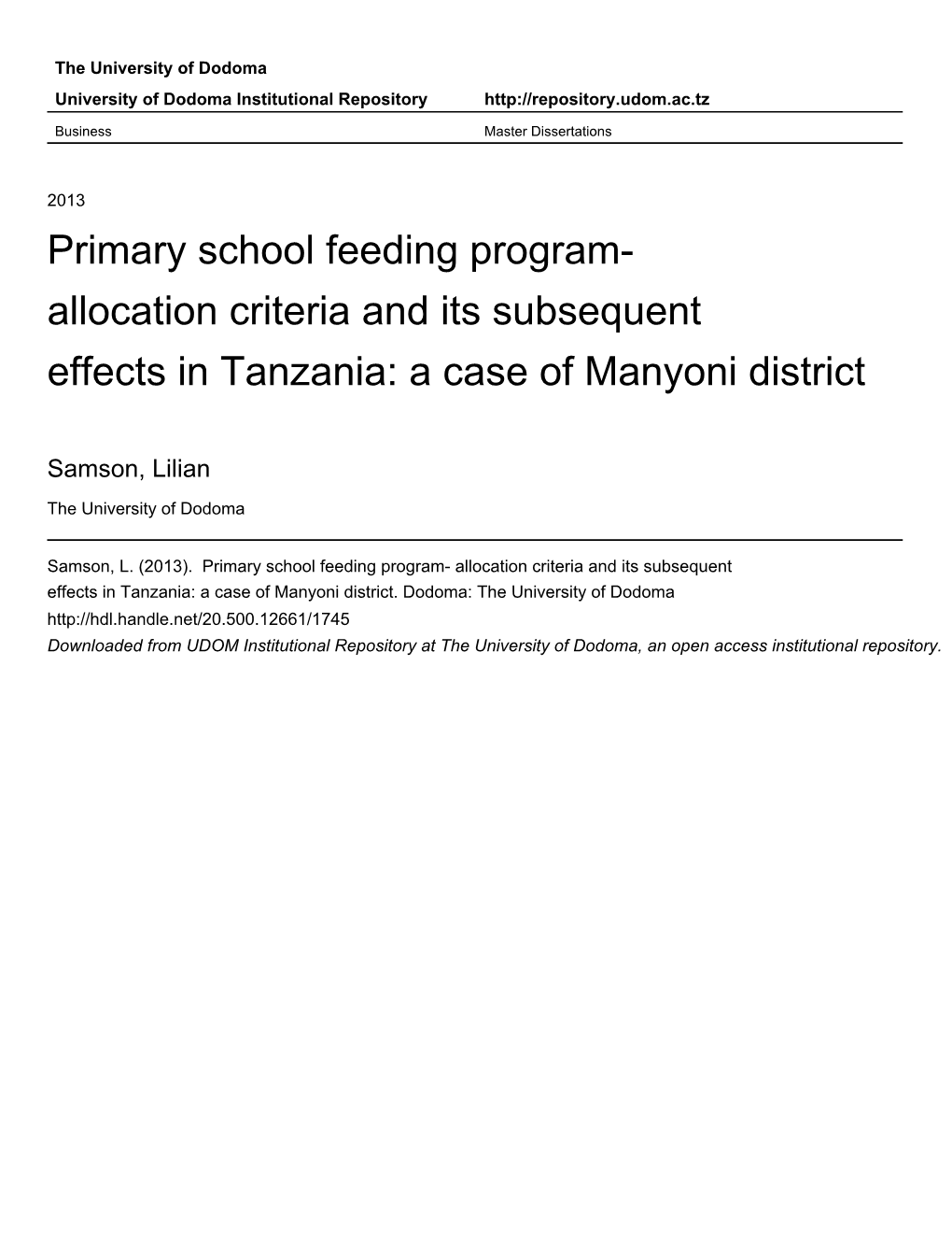 Primary School Feeding Program- Allocation Criteria and Its Subsequent Effects in Tanzania: a Case of Manyoni District
