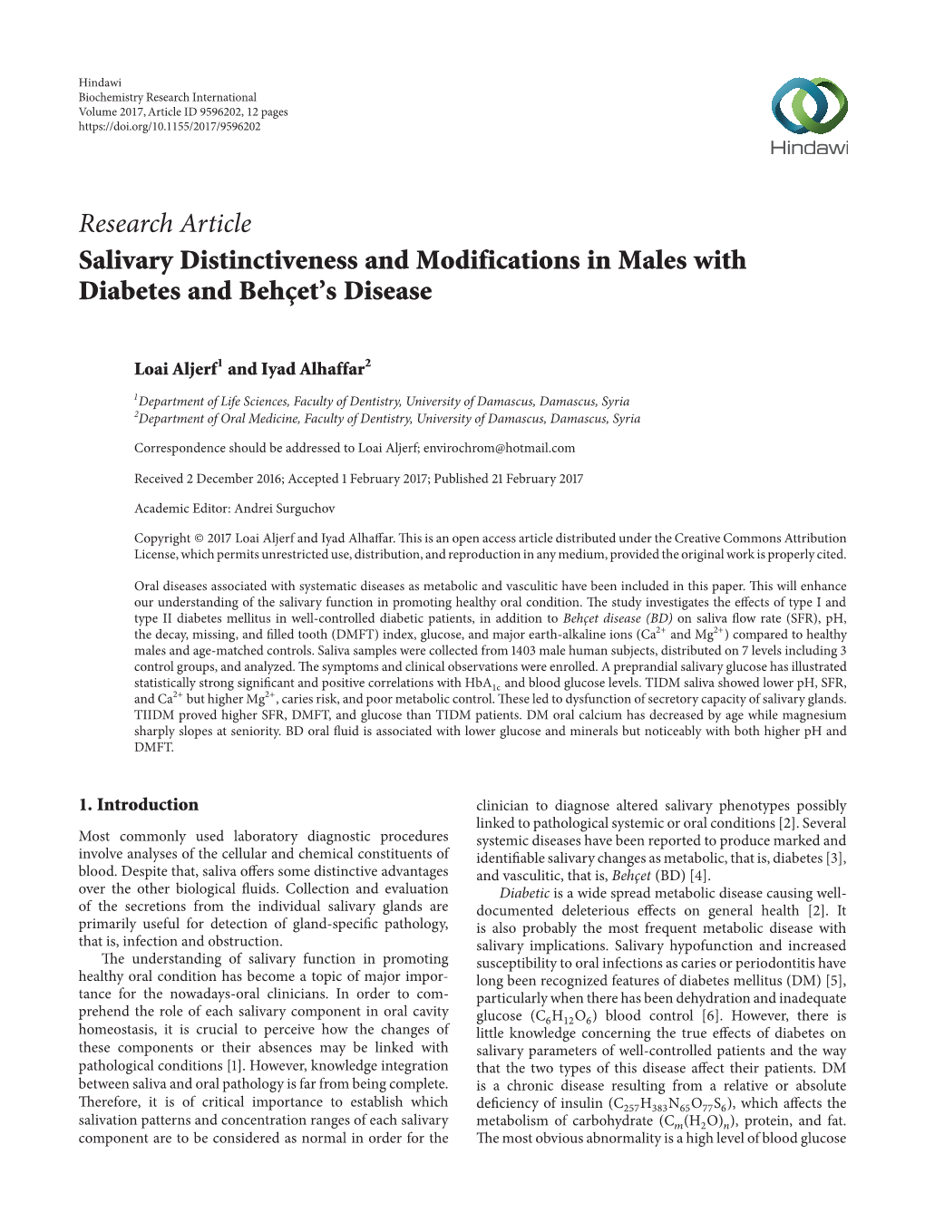 Research Article Salivary Distinctiveness and Modifications in Males with Diabetes and Behçet’S Disease