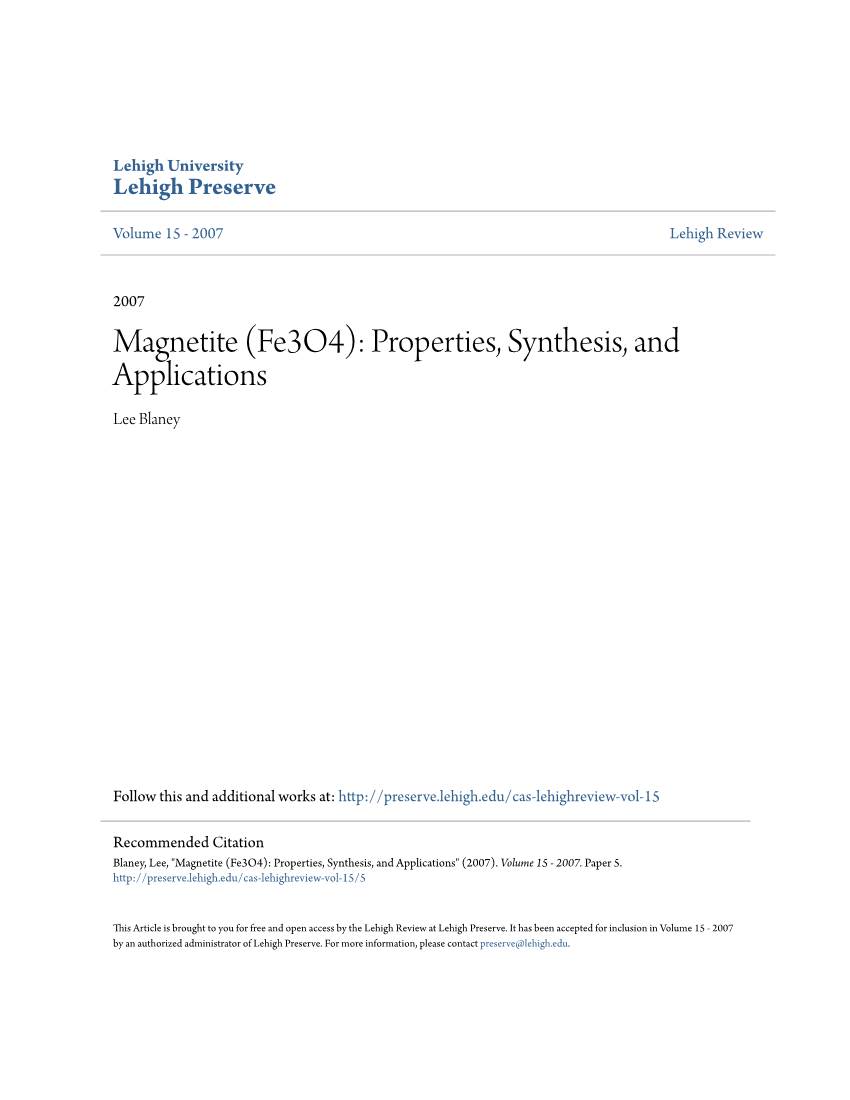 Magnetite (Fe3o4): Properties, Synthesis, and Applications Lee Blaney