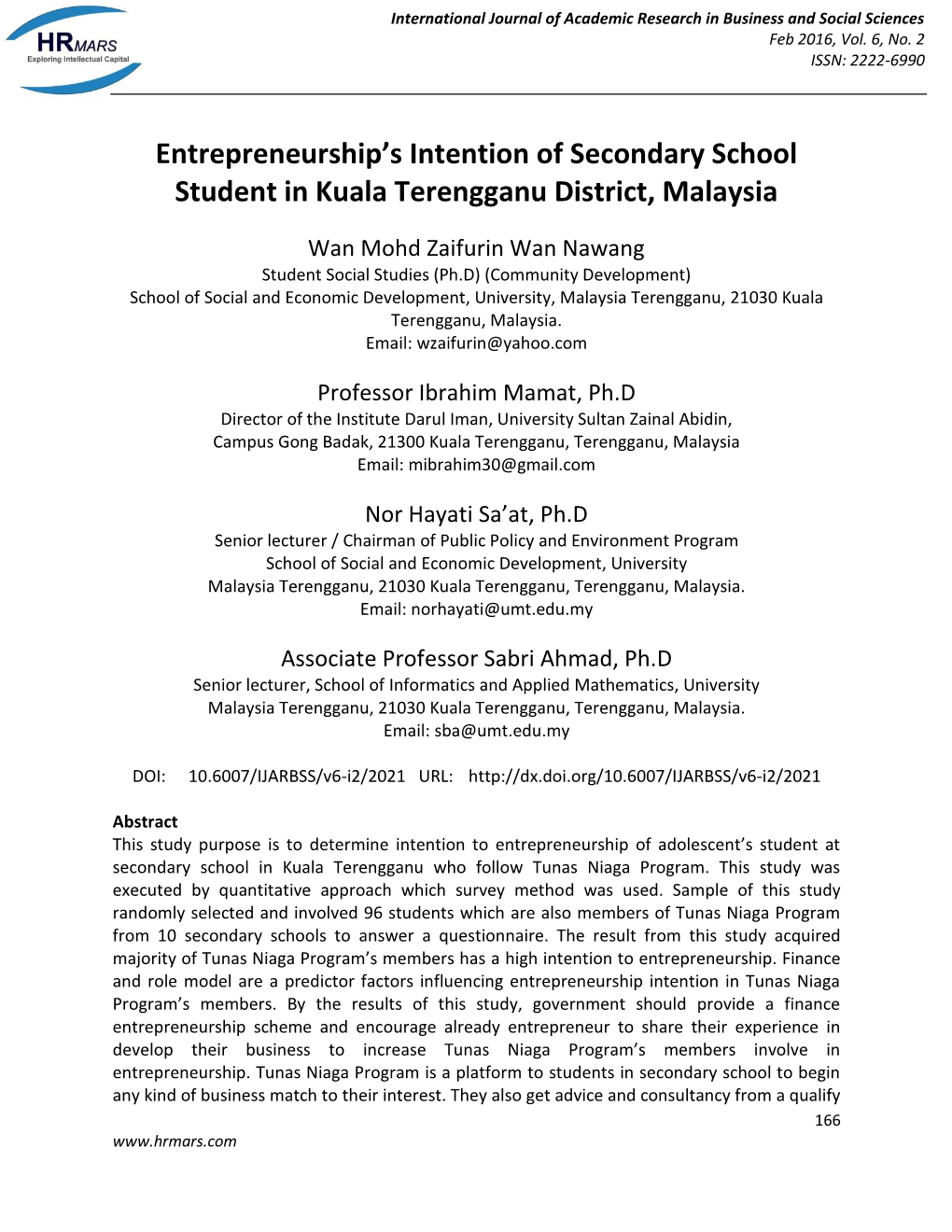 Entrepreneurship's Intention of Secondary School Student in Kuala